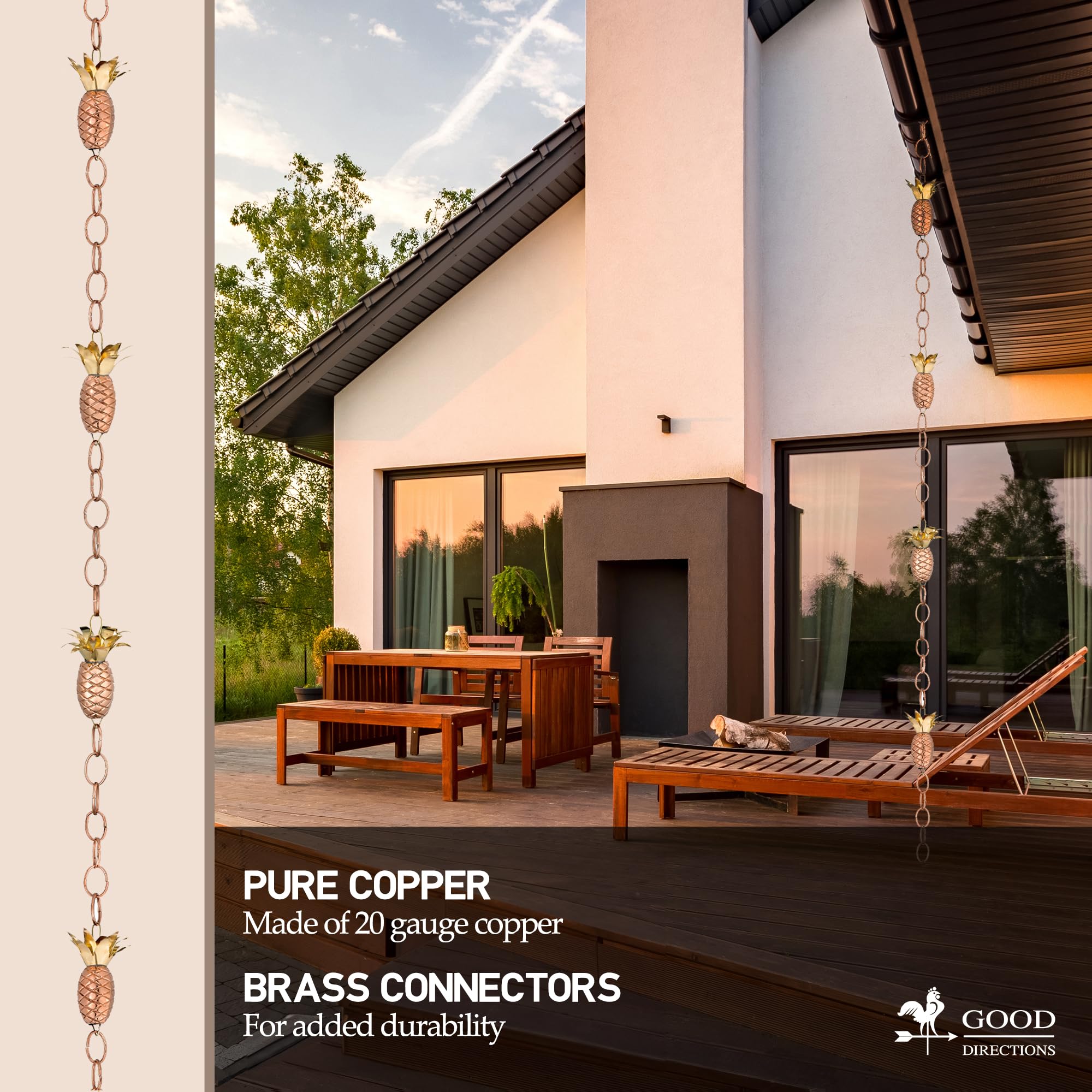 Good Directions 100% Pure Copper Pineapple Rain Chain - 8.5ft Handcrafted Gutter Downspout Replacement for Outdoor Garden Decor | Perfect for Patio, Yard & Water Feature Decoration