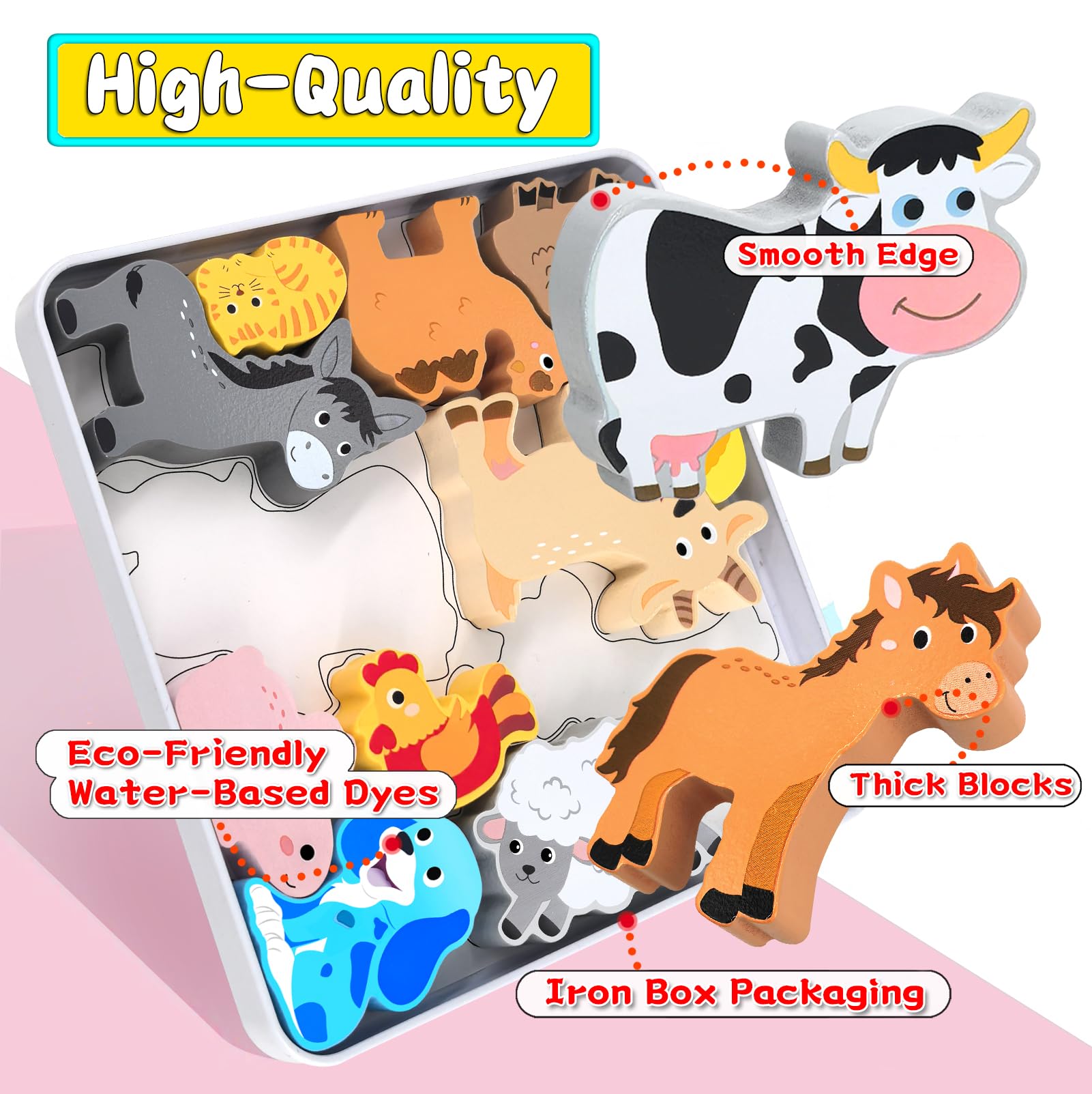 Wooden Animal Puzzles for Toddlers - 12 Pcs Farm Animal Figures, Montessori Matching & Stacking Learning Toys for Boys & Girls Ages 1-3 | Educational Gift for Kids | Perfect for Preschool Classroom, Birthday Party Favors & Early Childhood Development