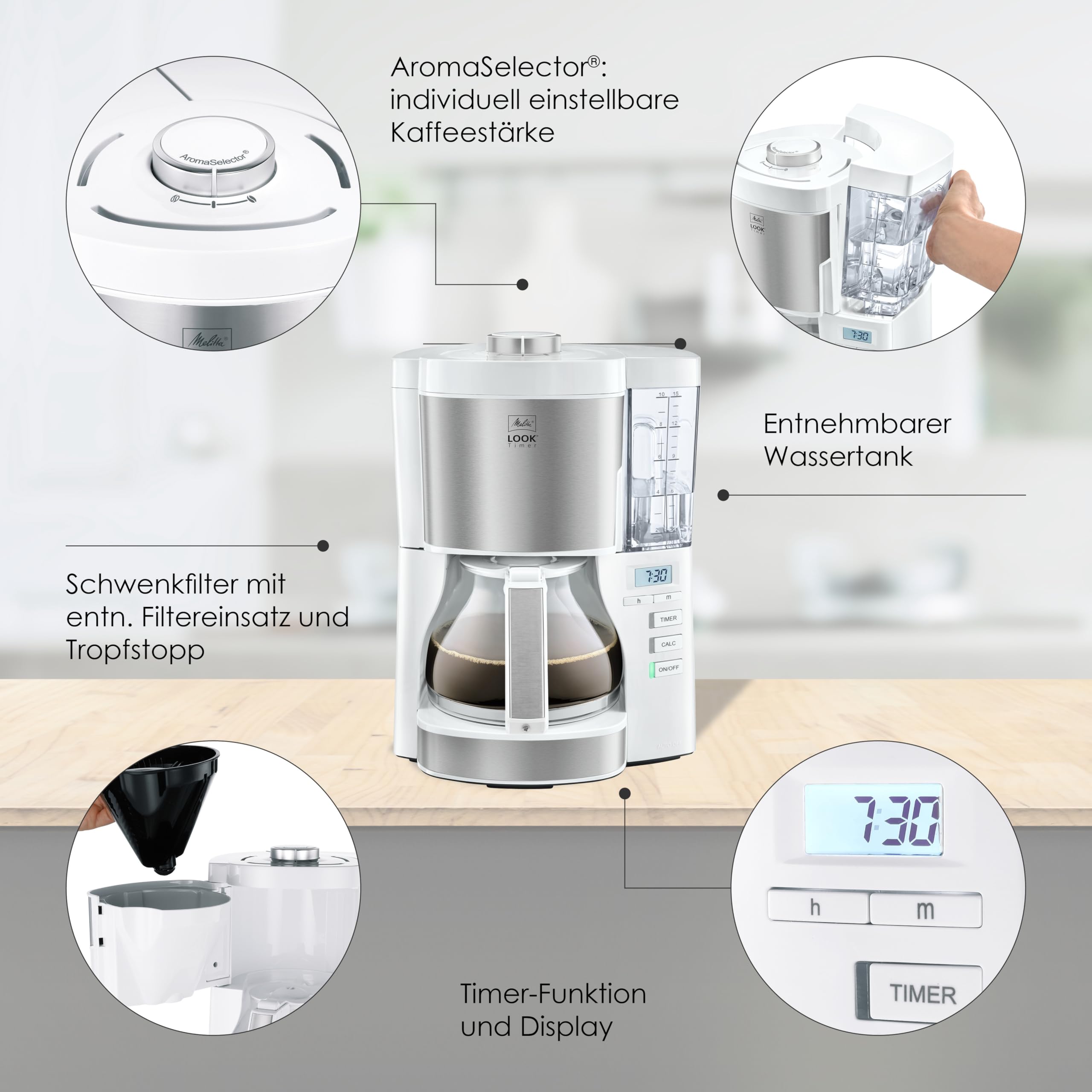 Melitta Look V Filter Coffee Maker with Timer & White Glass Carafe - Perfect for Home, Office, and Breakfast Time