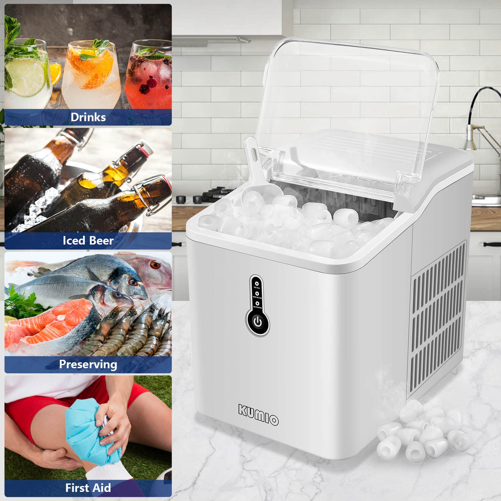 KUMIO Portable Countertop Ice Maker Machine - 9 Bullet-Shaped Ice Cubes in 6-9 Minutes, 26.5 Lbs Daily Output with Ice Scoop & Basket - Perfect for Home, Kitchen, Office, Parties & Outdoor Events - White