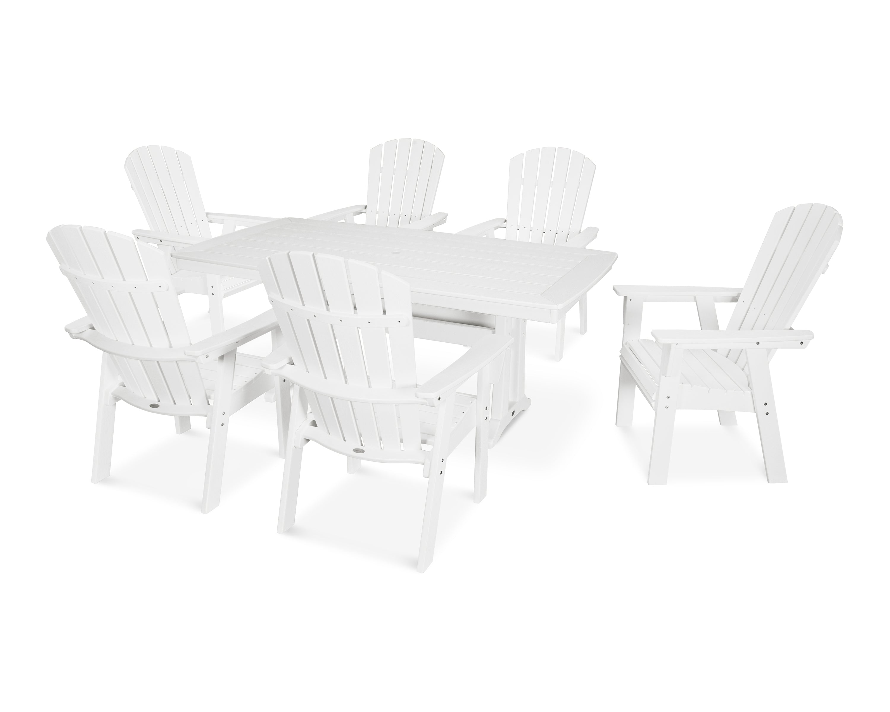 POLYWOOD Nautical Curveback Adirondack 7-Piece Outdoor Dining Set with Trestle Legs - Perfect for Patio, Poolside, and Beachfront Entertaining