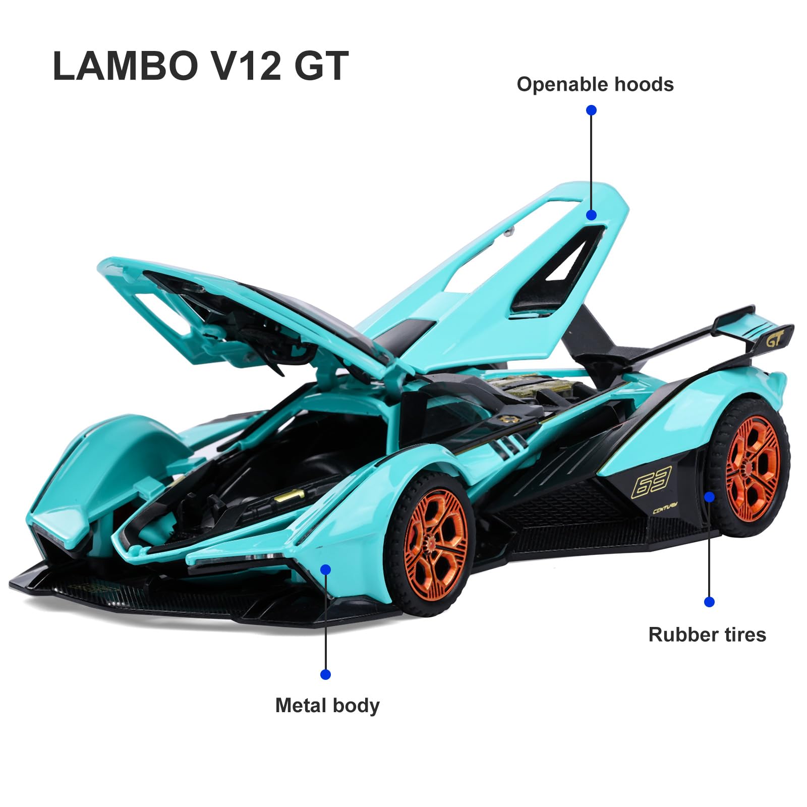 Lamborghini V12 Diecast Metal Toy Car with Light & Sound - Pull Back Race Car for Boys Ages 3+, Blue - Perfect for Birthday Gifts, Racing Games & Kids' Pretend Play