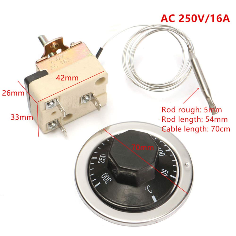 250V 16A 50-300°C Universal Temperature Control Switch with Capillary Thermostat for Electric Ovens - Black (2-Pack) - Perfect for Home Baking, Roasting & Cooking Appliances