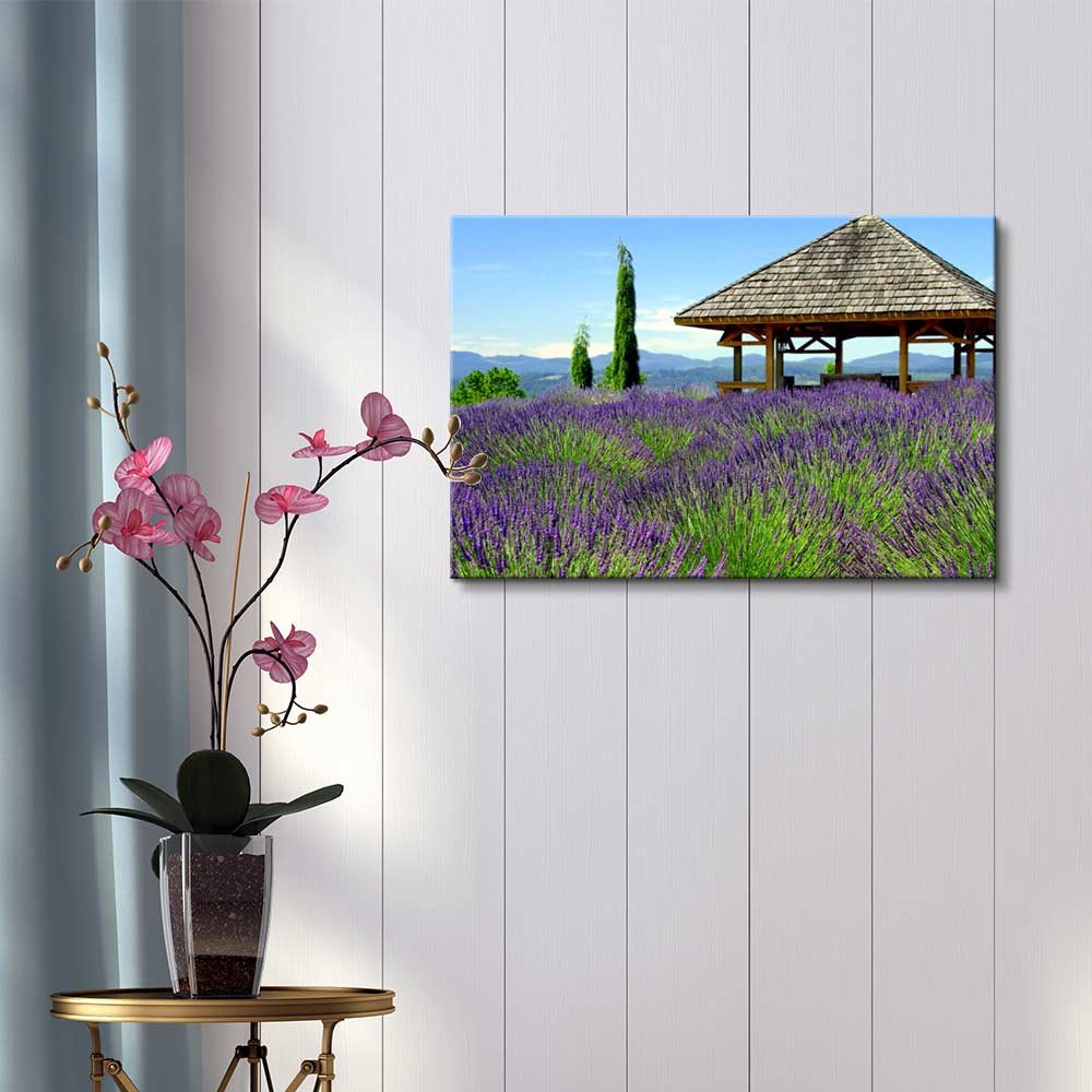Lavender Field Gazebo Canvas Print - Modern Wall Art Decor for Living Room, Bedroom & Office | Stretched Gallery Wrap Giclee Ready to Hang - 32x48 Inches - Perfect for Home, Wedding & Spa Decor