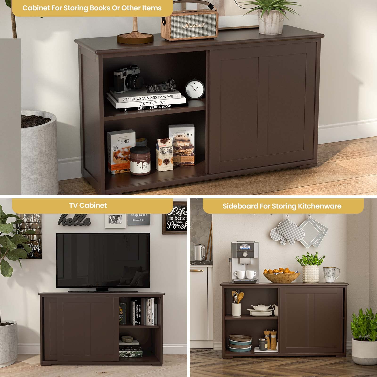 NAFORTA Modern Sideboard Buffet Cabinet with Adjustable Shelves & Sliding Doors - Kitchen Storage Cabinet for Dining Room, Entryway, Living Room | Stackable Organizer for Dishes, Linens & Home Decor (Brown)
