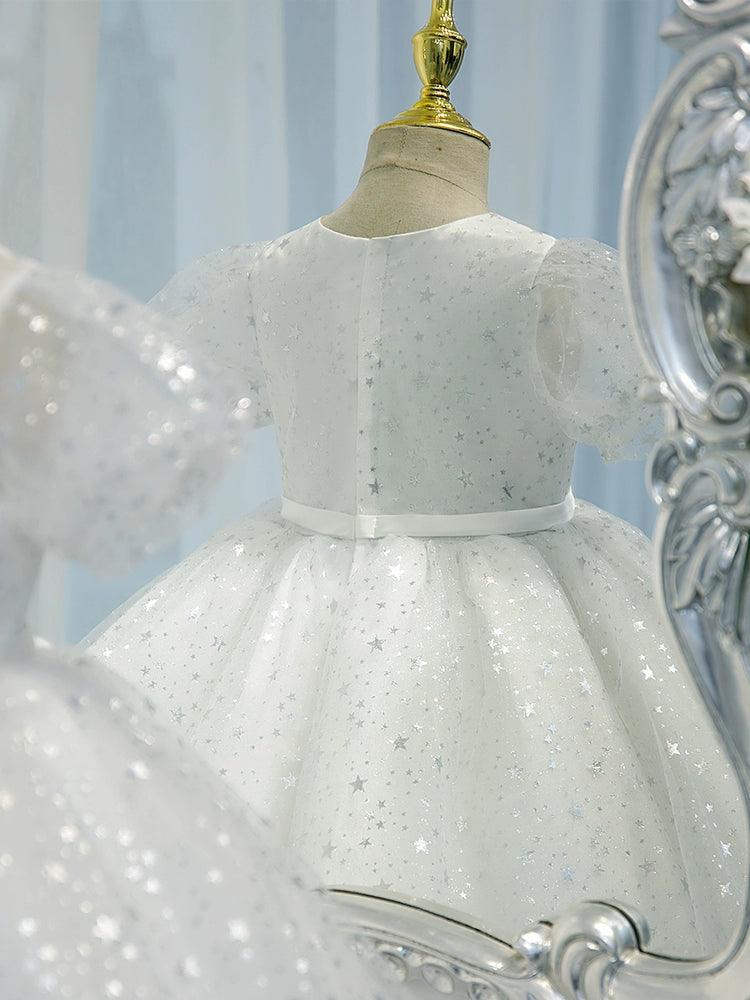 White Princess Round Tea Length Organza Flower Girl Dress - Perfect for Weddings, Bridal Showers & Special Occasions