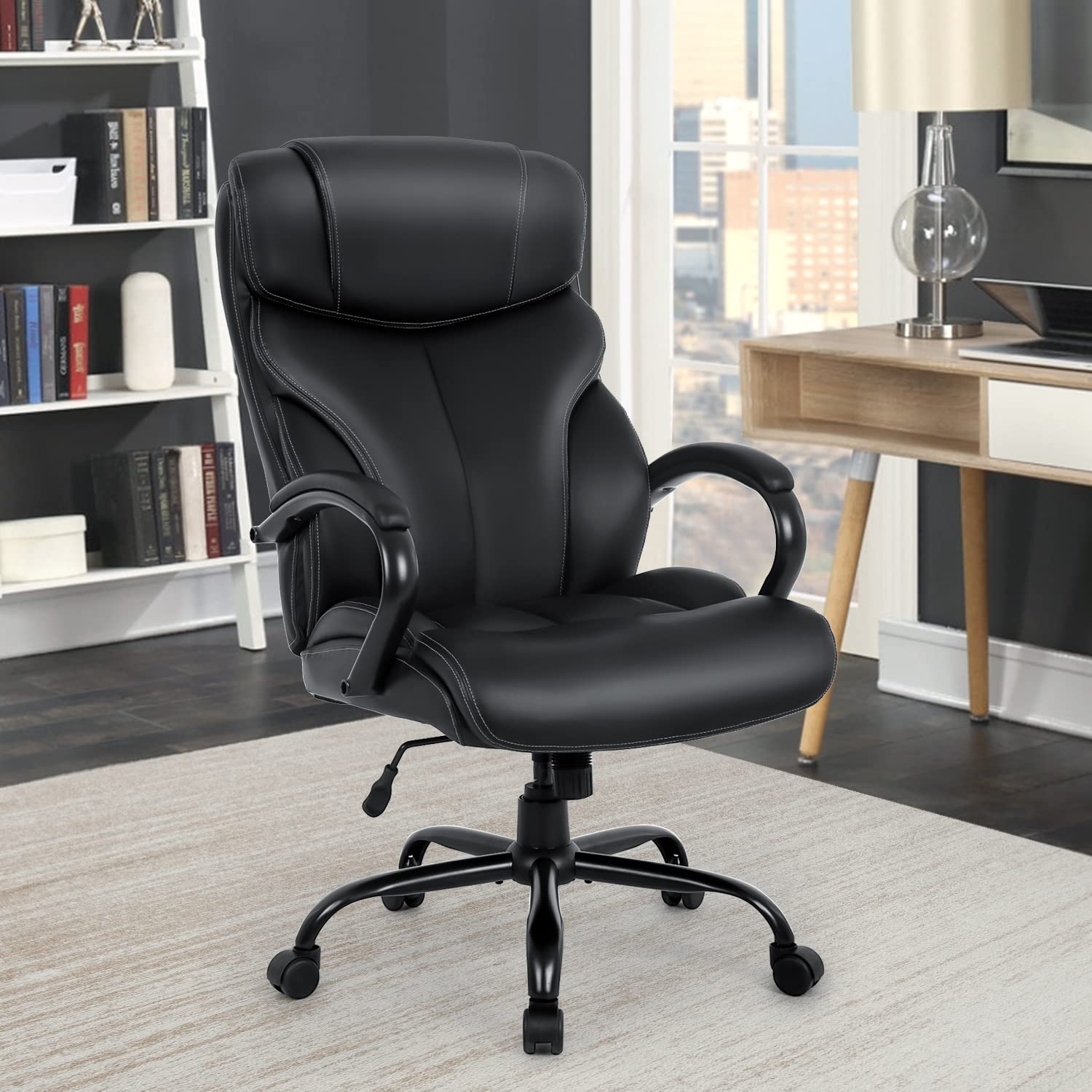 Big and Tall 500lbs Office Chair - Wide Seat Executive Desk Chair with Lumbar Support & Adjustable Arms - High Back PU Leather Ergonomic Computer Chair for Back Pain Relief - Perfect for Home Office, Gaming & Workspaces (Black)
