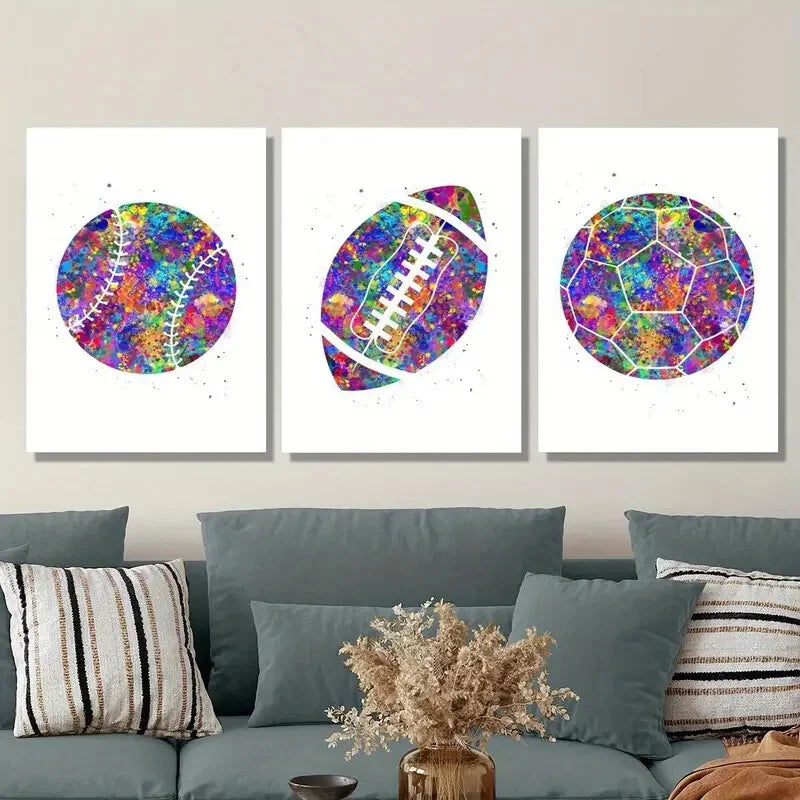 3-Piece Watercolor Rainbow Football Metal Wall Art - Ready to Hang Sports Decor for Bedroom, Game Room & Man Cave - Perfect Gift for Football Fans & Sports Lovers