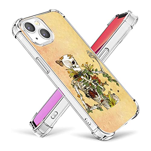 Bones and Botany Skull iPhone 13 Case - Skeleton Plants Spider Bees Butterfly Design, Trendy TPU Bumper Case with Wireless Charging Support | Perfect for Halloween, Gothic Style & Nature Lovers