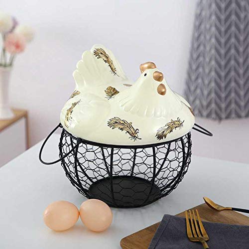 ASHao Metal Wire Egg Storage Basket with Ceramic Chicken Top Handles - 7.67”x 8.66” Kitchen Organizer for Fruits, Snacks & Decor | Perfect for Farmhouse Style Kitchens, Pantry Storage & Countryside Home Decor