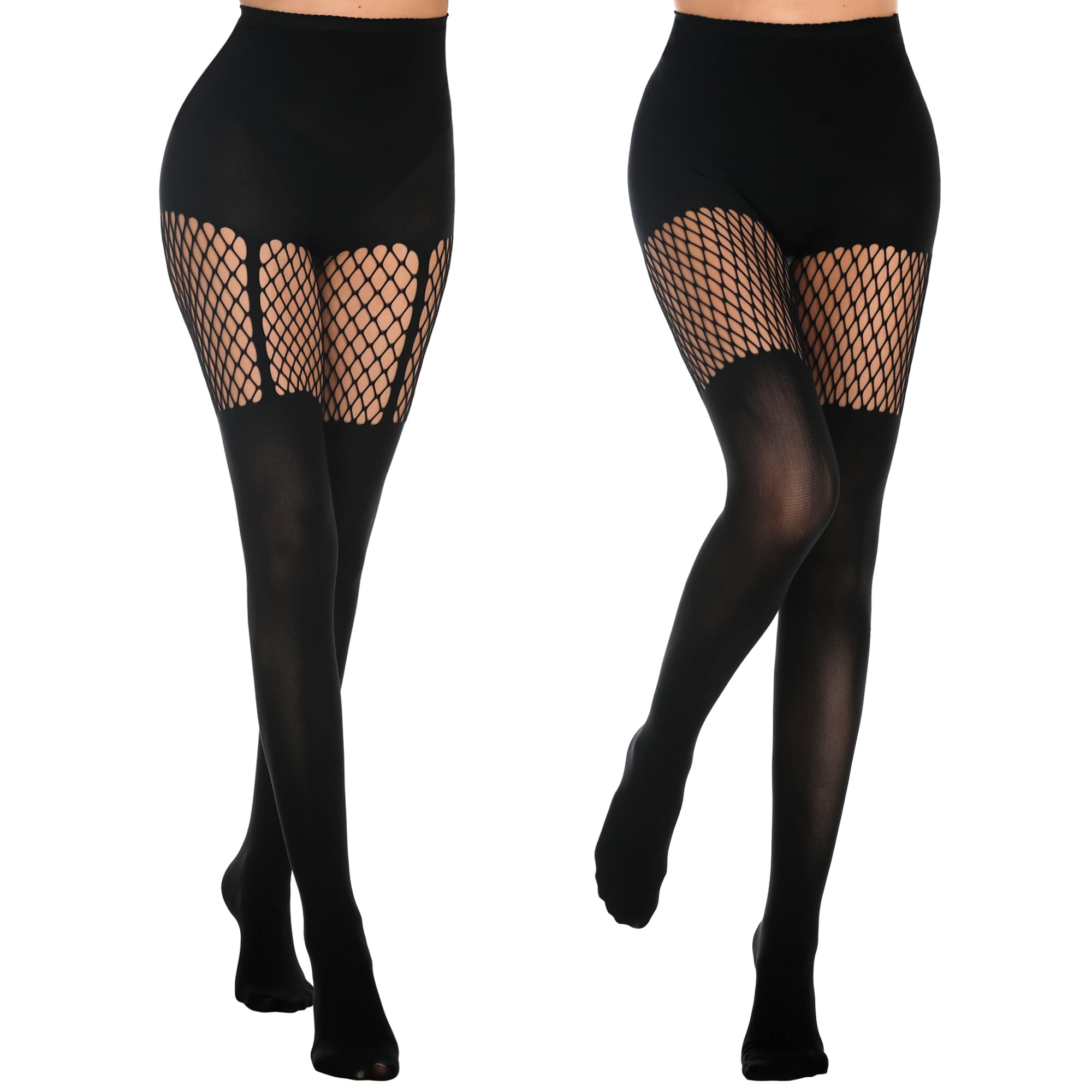 MANZI Women's Faux Thigh High Fishnet Stockings - Opaque Pantyhose with Striped Suspender Tights for Gothic Fashion, Cosplay & Night Out Outfits