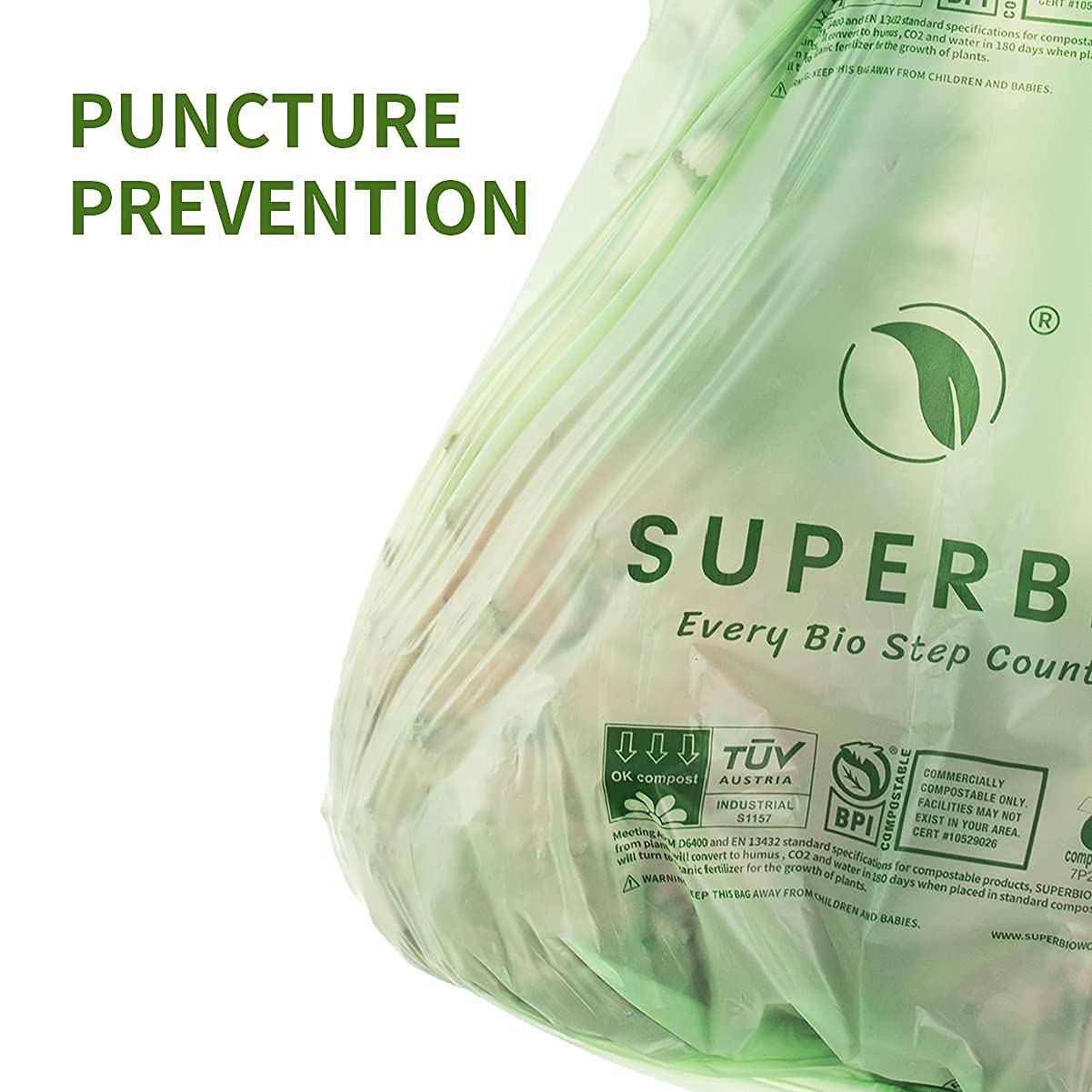 SUPERBIO 13 Gallon (49.2L) Compostable Kitchen Trash Bags with Handles - BPI Certified, OK Compost INDUSTRIAL - 30 Count Eco-Friendly Food Waste Bags for Home, Office & Outdoor Composting