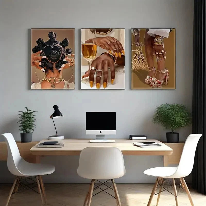 3-Piece Trendy Black Woman Metal Wall Art Prints - Ready to Hang, Modern Home Decor for Living Room, Bedroom & Office