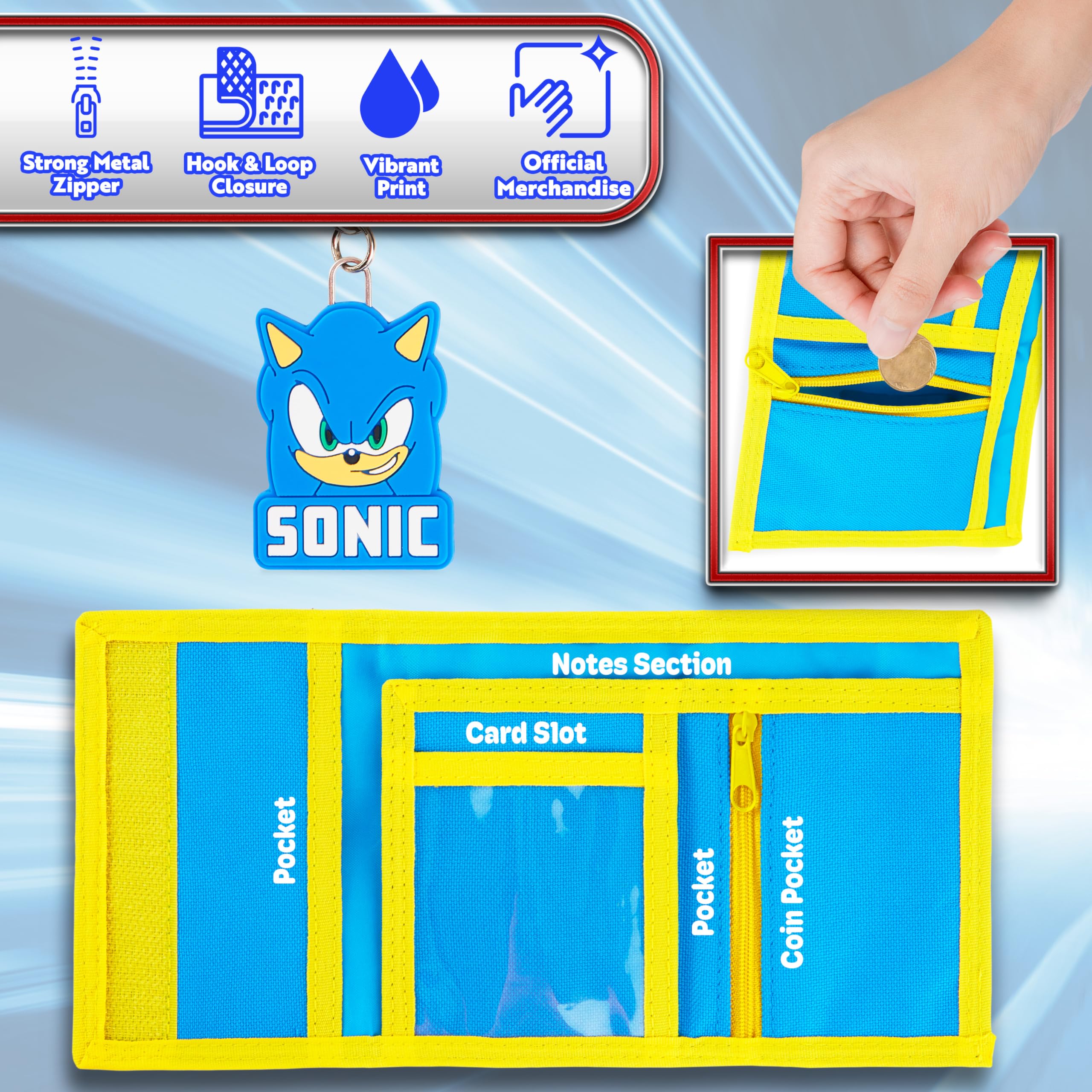 Sonic The Hedgehog Boys Wallet with Keychain - Kids Wallet with Card Slots & Zippered Coin Pocket - Perfect Gaming Gift for Boys - Great for School, Travel, and Collecting Coins