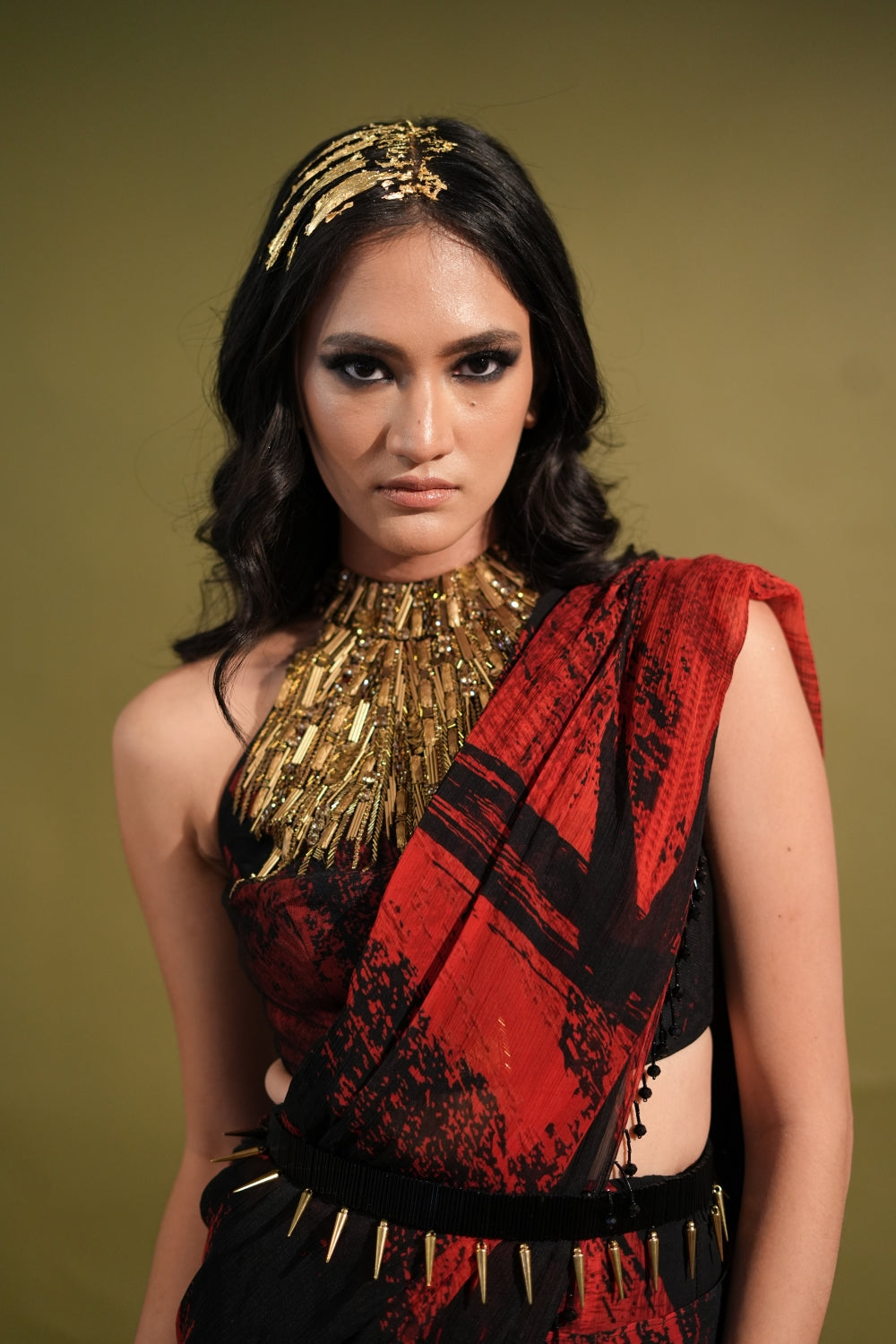 Elegant Red & Black Printed Saree Blouse Belt Set with Metallic Gold Embellishments - Perfect for Indian Weddings, Festivals & Special Occasions