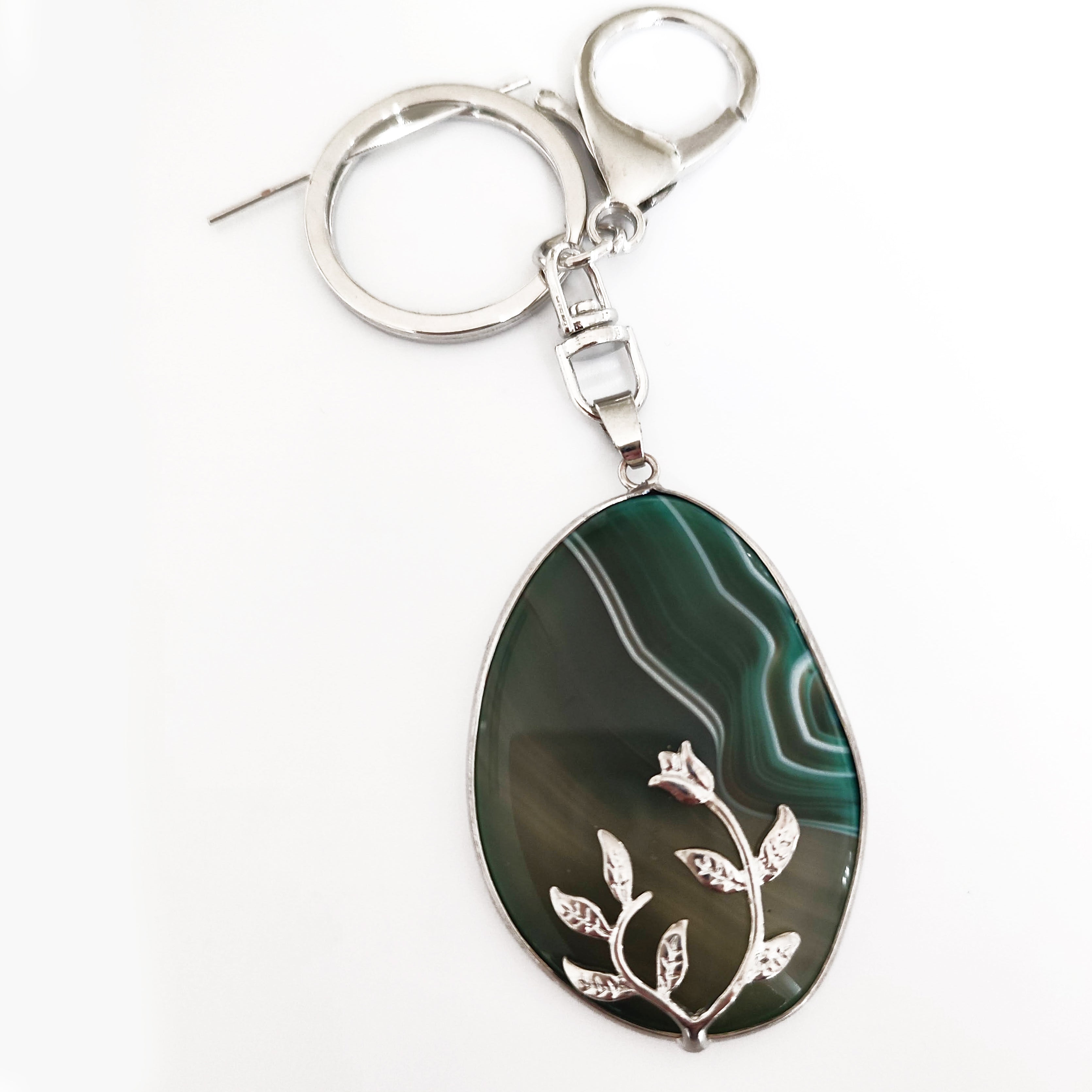 Green Agate Flower Oval Keychain - Elegant Handmade Gemstone Keyring for Women, Perfect Gift for Her - Home, Office & Travel Accessories