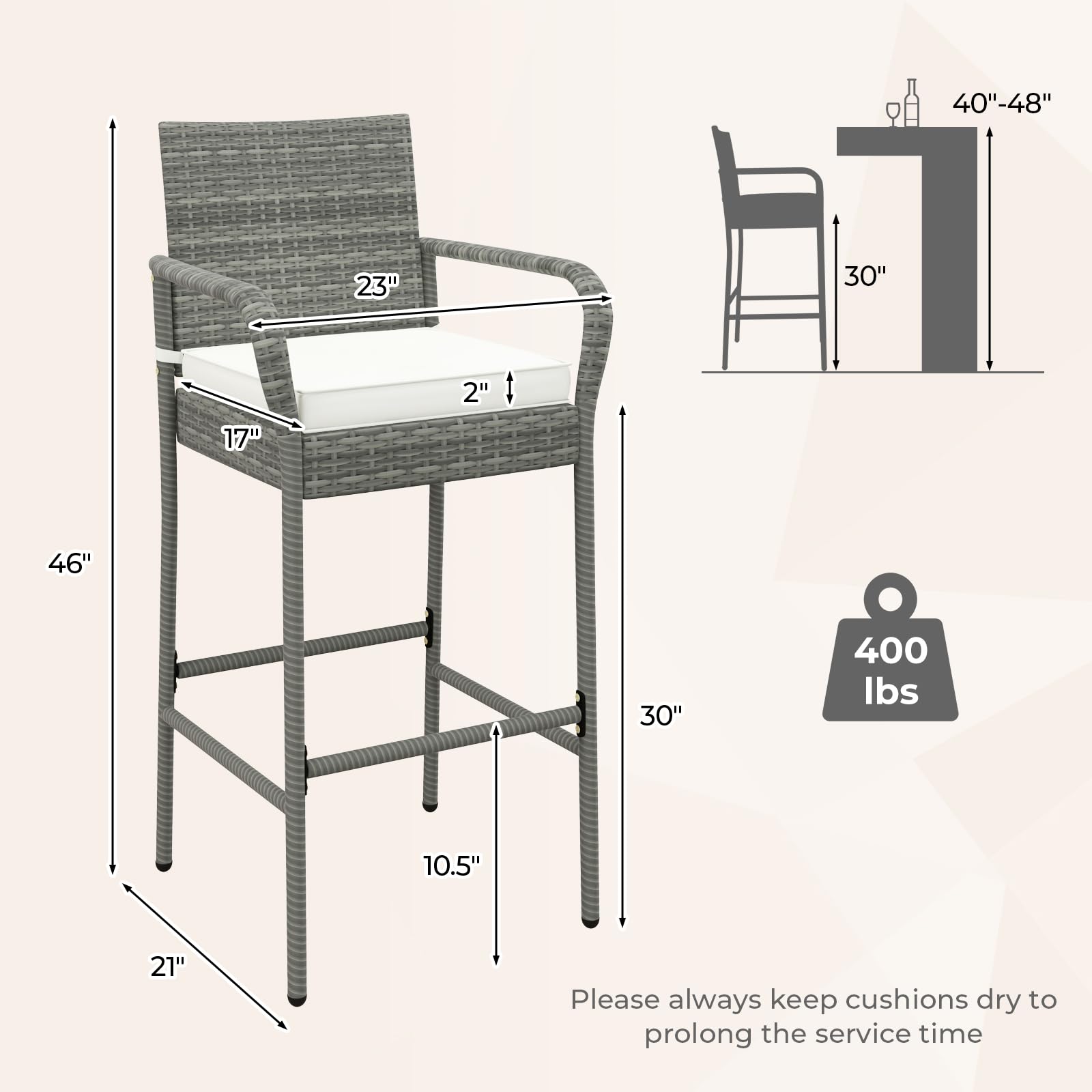 COSTWAY 4-Piece Wicker Bar Stool Set with Cushions - Patio Bar Height Chairs with Armrests & Footrests - Outdoor Rattan Barstools for Backyard, Deck, Pool - 400 lbs Weight Capacity - Mix Gray - Perfect for Outdoor Dining, Entertaining & Relaxing