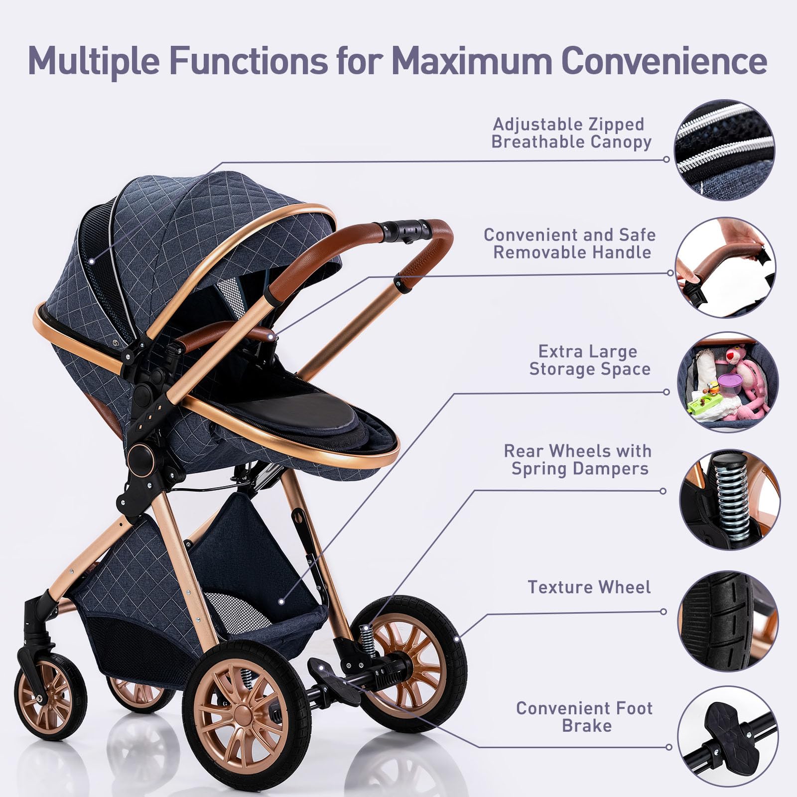 5-in-1 Compact Baby Stroller with Removable Bassinet & Reversible Seat | Foldable Lightweight Aluminum Frame Stroller for Newborn to Toddler | Perfect for Travel, Shopping & Daily Walks (Khaki)