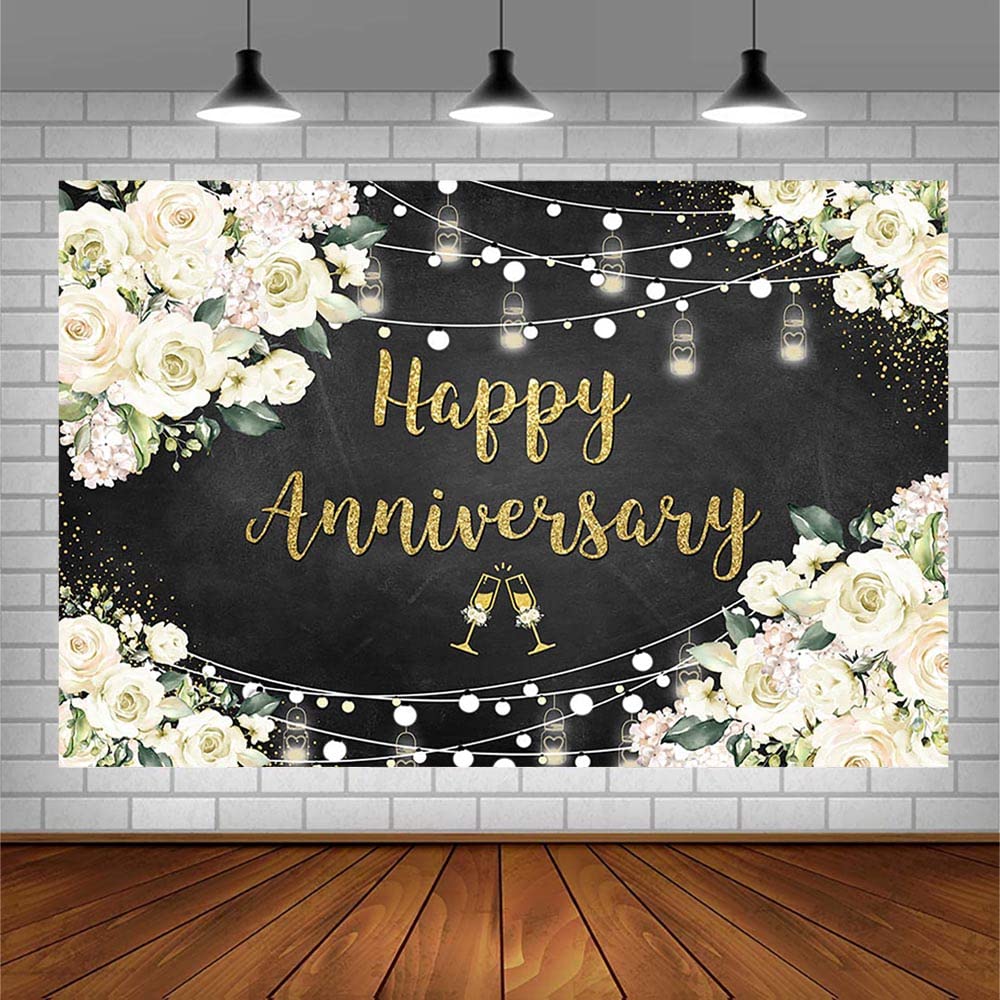 7x5ft Black & Gold Floral Anniversary Backdrop - Chalkboard Style Wedding Decor for 10th & 50th Anniversary Parties, Birthdays, Photo Studio Props, Vinyl Banner Background | Perfect for Milestone Celebrations & Professional Photography