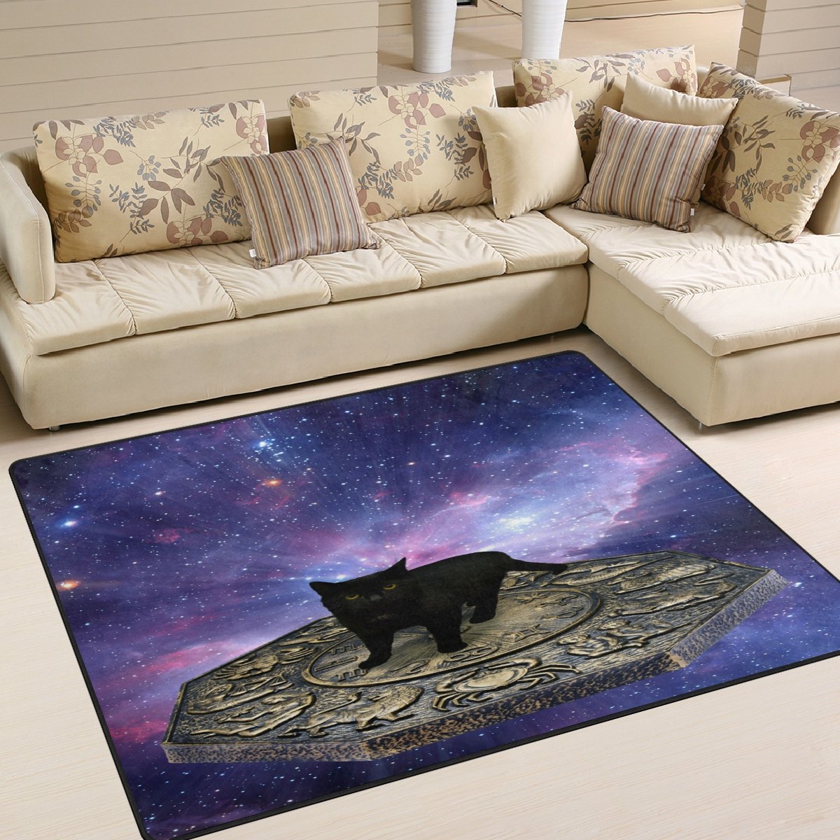 ALAZA Black Cat Astrology Area Rug - 7' x 5' Soft Non-Slip Living Room & Bedroom Carpet - Perfect for Boho Decor, Dorm Room, or Pet-Friendly Spaces