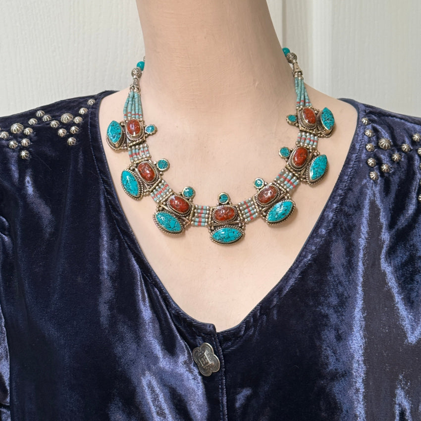 Handmade Tibetan Alpaca Silver Necklace with Turquoise & Coral Beads – Elegant Boho Jewelry for Women, Perfect for Festivals, Weddings & Special Occasions