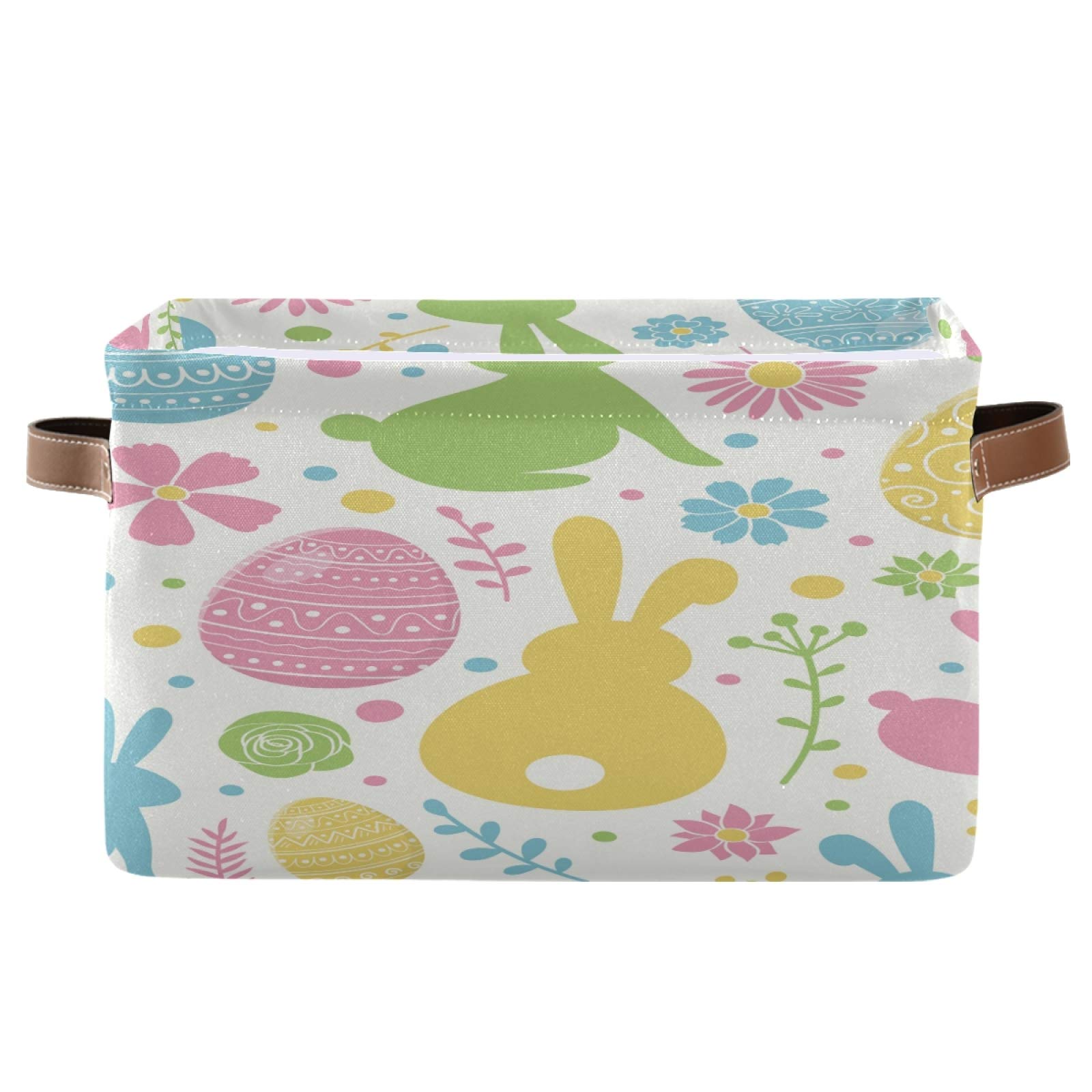 Easter Eggs Bunnies and Flowers Storage Basket - Durable Canvas Organizer with Handles, Large Collapsible Storage Bin for Home, Office, Closet Organization (1 Pack) - Perfect for Holiday Decor, Toy Storage & Seasonal Organization