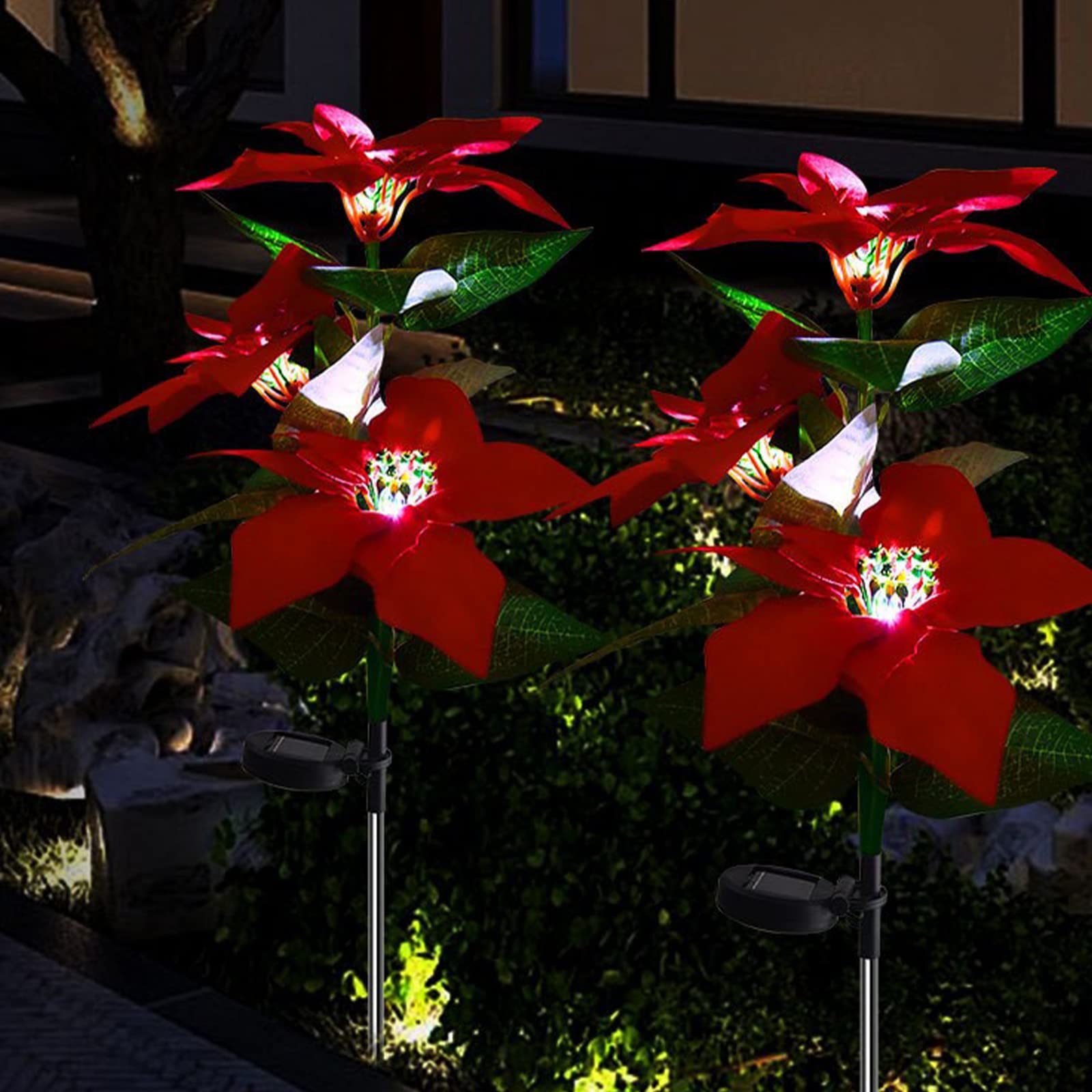 BEIJIALY 2PCS Solar Powered Christmas Pathway Lights - Waterproof LED Poinsettia Solar Stake Lights for Yard, Garden, Lawn Decoration | Outdoor Holiday Lighting for Xmas, Patio, Walkway, Driveway Decor