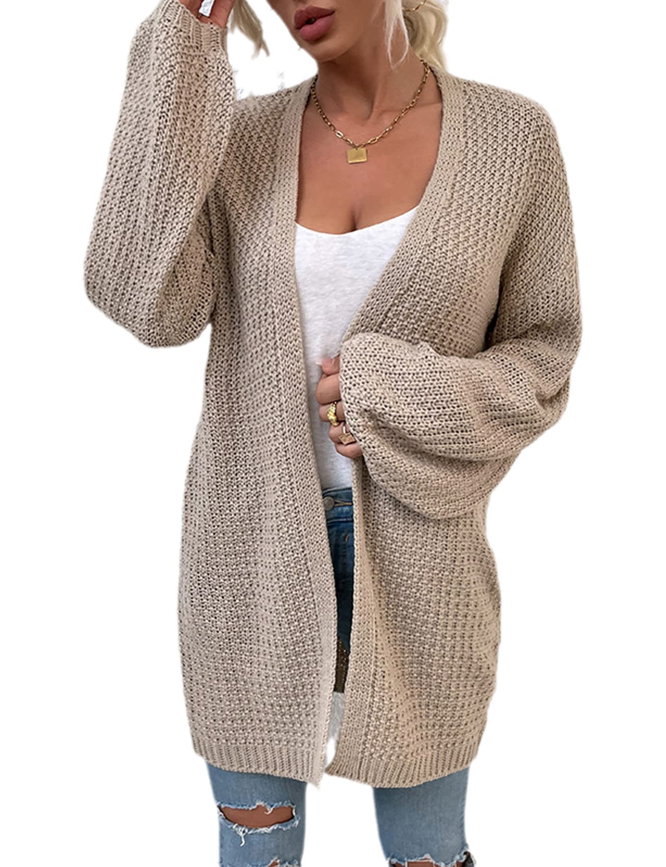Moonetto Women's Long Sleeve Open Front Waffle Knit Cardigan - Chunky Knit Draped Sweater for Fall & Winter - Cozy Casual Outwear for Office, Travel and Lounge