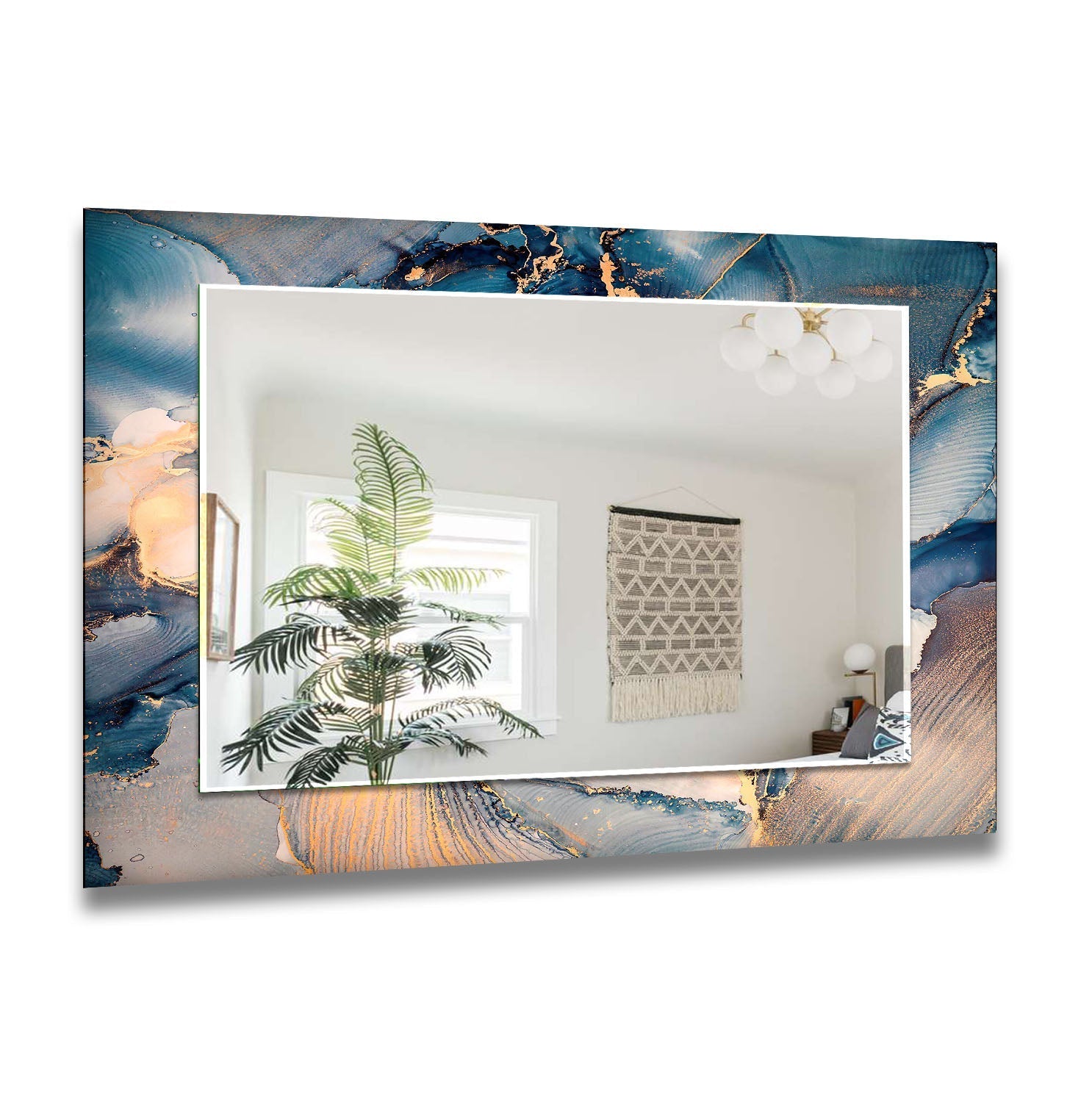 Blue & Silver Abstract Wall Mirror - Modern Decorative Mirror for Living Room, Bedroom, or Entryway - Perfect for Home Decor & Interior Design