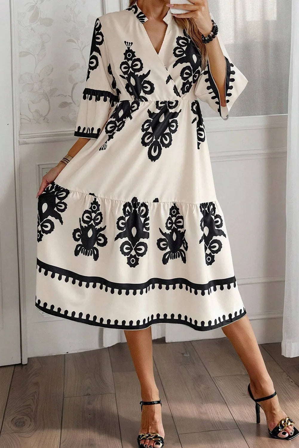 Floral Printed Half Sleeve Midi Dress for Women - Summer Casual & Party Wear - A-Line Flowy Dress for Brunch, Beach, Vacation & Date Night