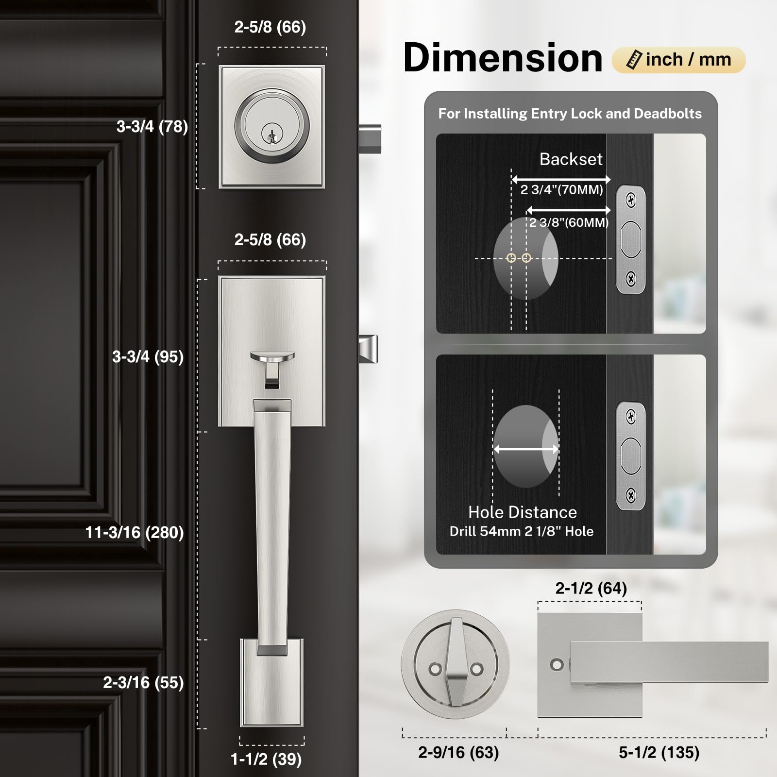 Brightify Satin Nickel Front Door Handle Set - Adjustable Deadbolt Lock with Single Cylinder, Reversible for Right & Left Hand Doors - Ideal for Home Entry, Office, and Apartment Security