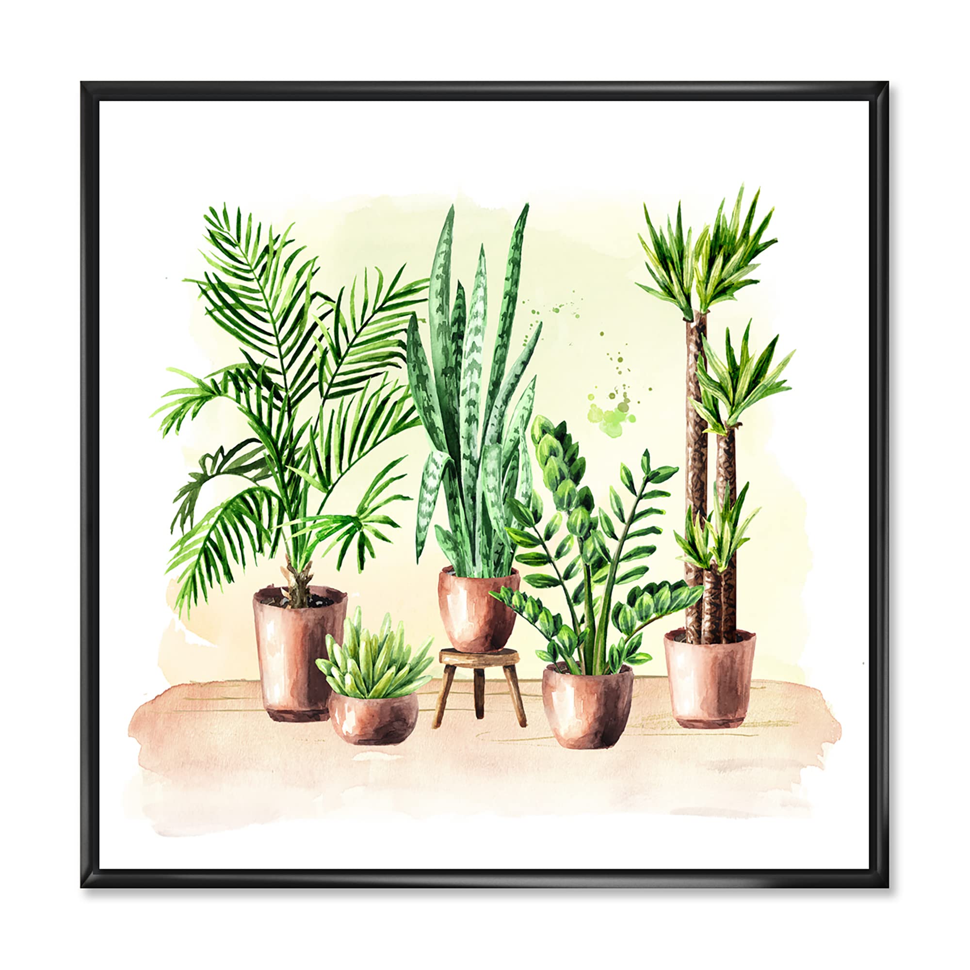 DesignQ Indoor Green Home House Plants I - Traditional Framed Canvas Wall Art Print | Botanical Wall Decor for Living Room, Bedroom & Office | Perfect Housewarming Gift for Plant Lovers