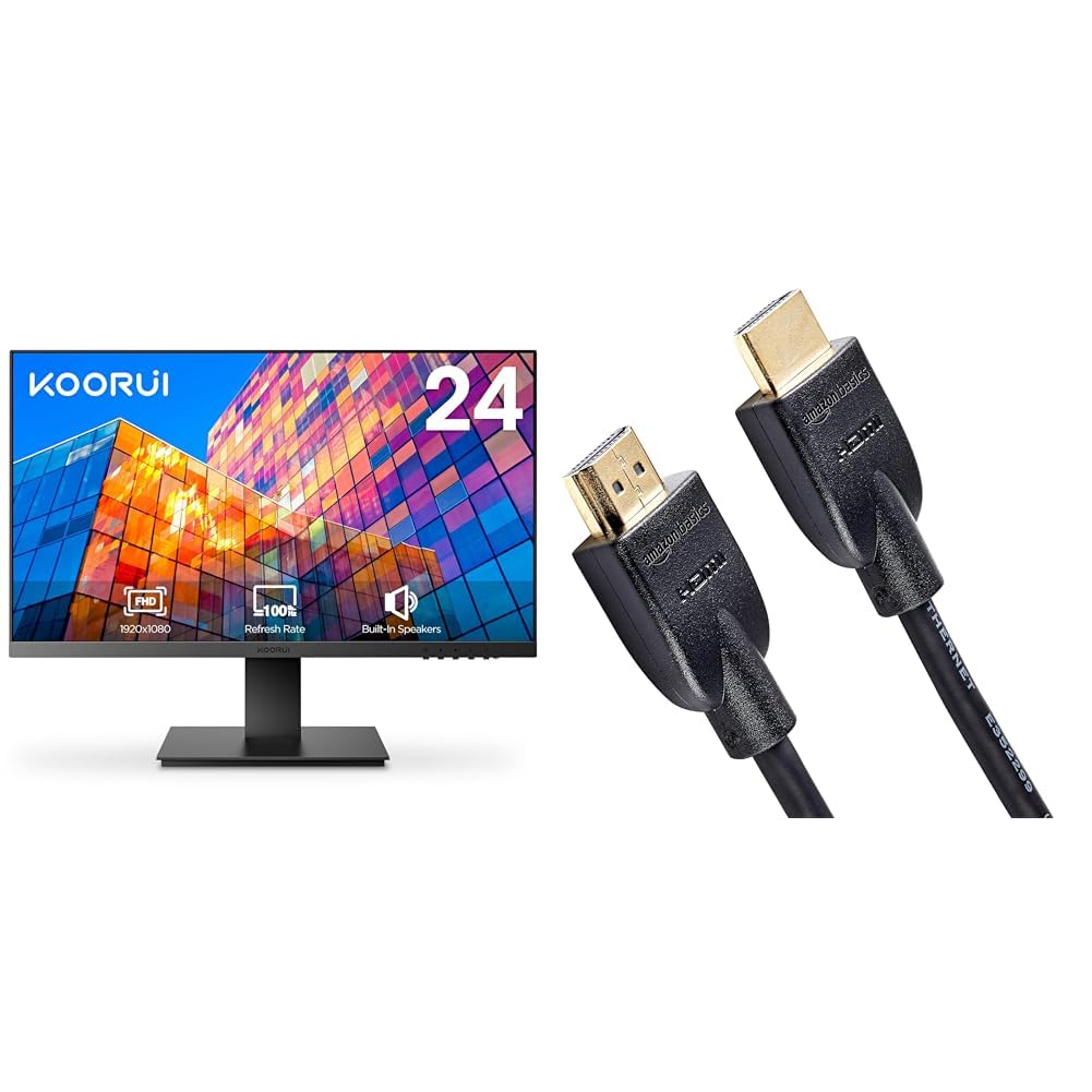 KOORUI 24 Inch Computer Monitor with Built-in Speakers, Full HD 1080p IPS Display, HDMI 1.4 Port - Amazon Basics 3ft 4K HDMI Cable High Speed 18Gbps for 4K@60Hz - Perfect for Home Office, Gaming & Entertainment Setup