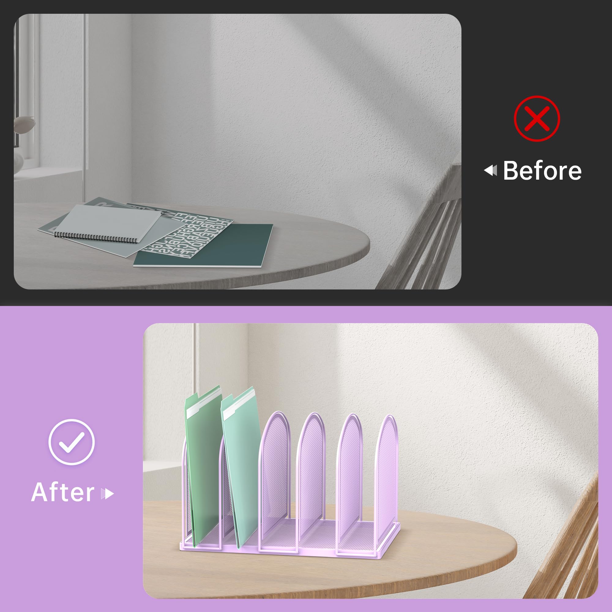 SUPEASY 5-Section Mesh File Organizer - Upright Desktop File Sorter & Office Supplies Holder (Purple) - Perfect for Desk Organization, Document Sorting, and Office Storage Solutions