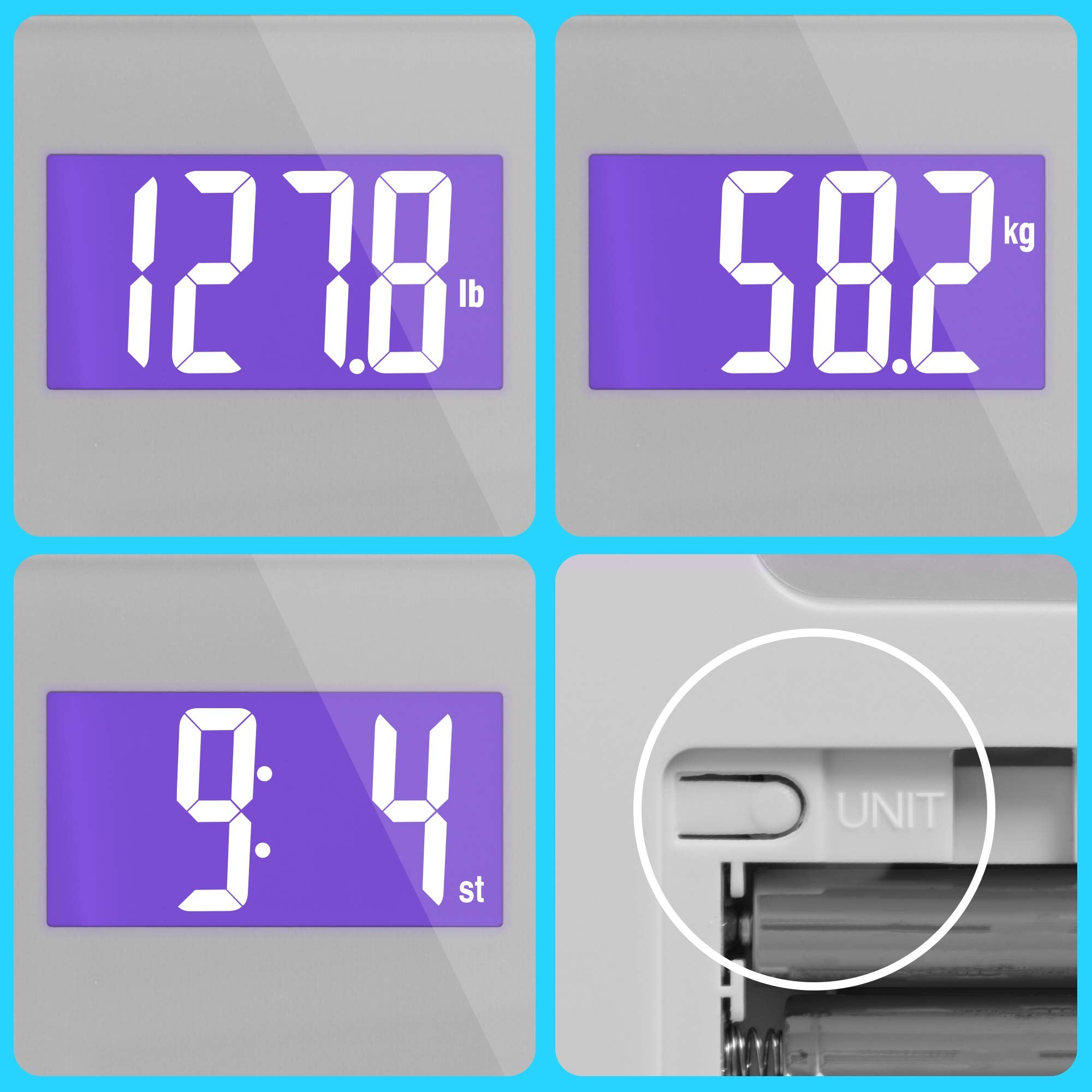 Duronic BS603 Digital Bathroom Scale - Accurate Body Weight Measurement in kg/lbs/stones - Silver Glass Design with Purple Backlight - Step-On Technology & Precision Sensors - 180kg Capacity - Perfect for Home Gym, Fitness Tracking & Health Monitoring
