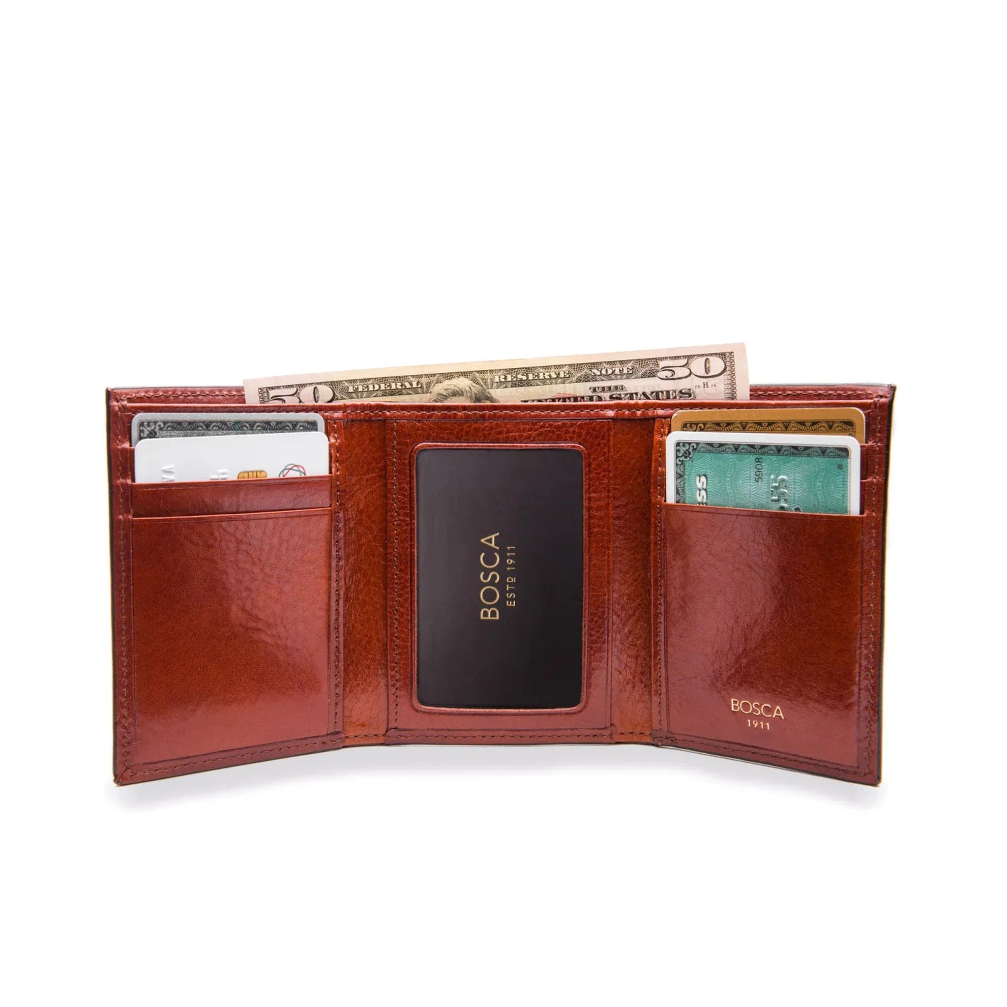 Bosca Genuine Leather Double ID Trifold Wallet for Men - Classic RFID Blocking Slim Bifold Wallet for Everyday Use & Travel