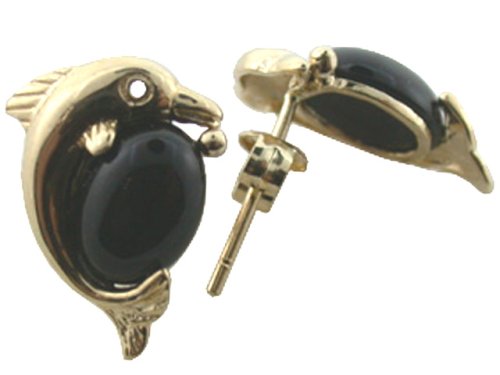 14k Gold Dolphin Earrings for Women - Onyx Gemstone Dangle Earrings - Elegant Jewelry Gift for Her - Perfect for Beach Vacations & Summer Outfits