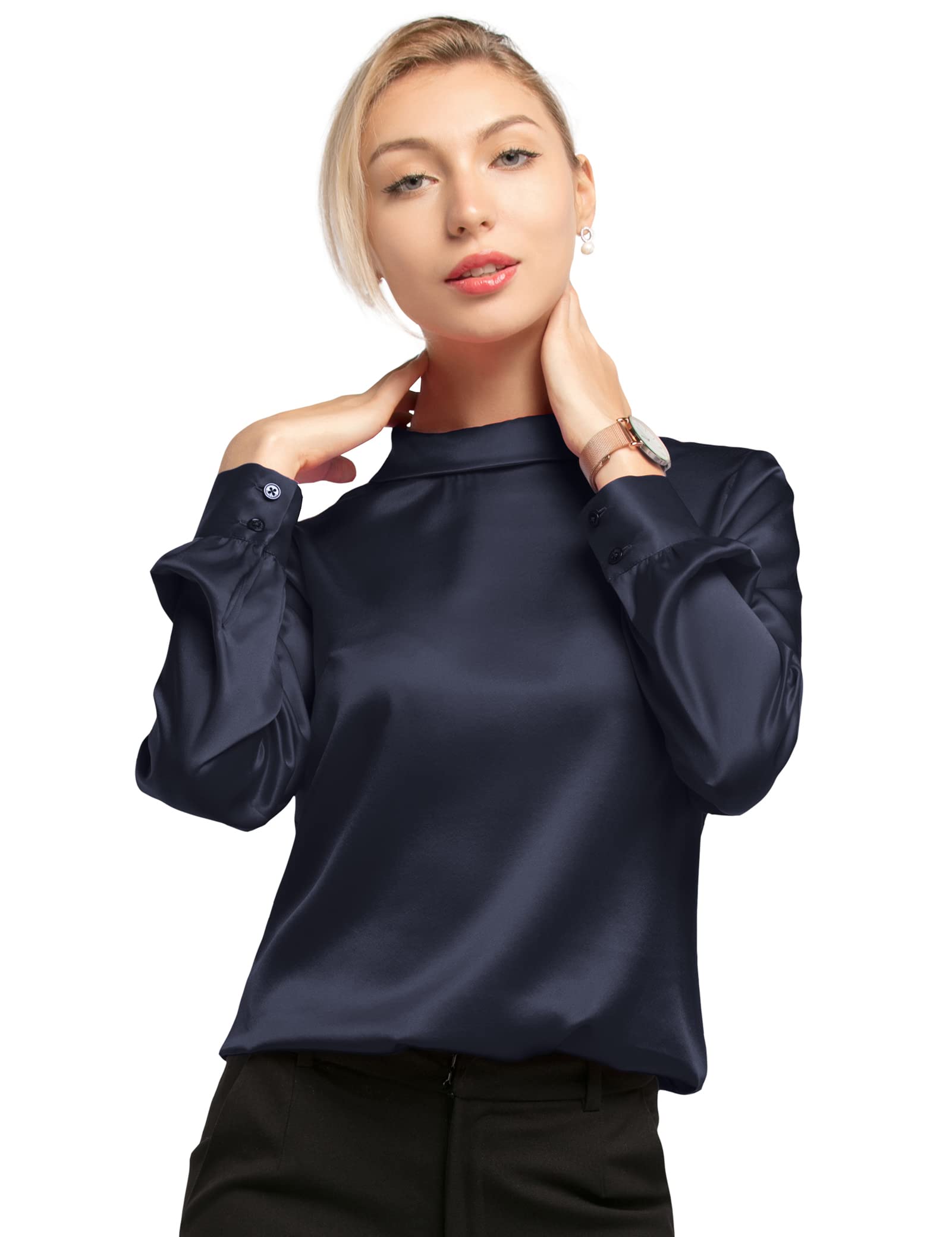 LilySilk 100% Pure Silk Blouse for Women - Long Sleeve Stand Collar Button Down Shirt with Back Closure | Stretchy, Breathable & Comfortable | Perfect for Work, Office & Formal Occasions