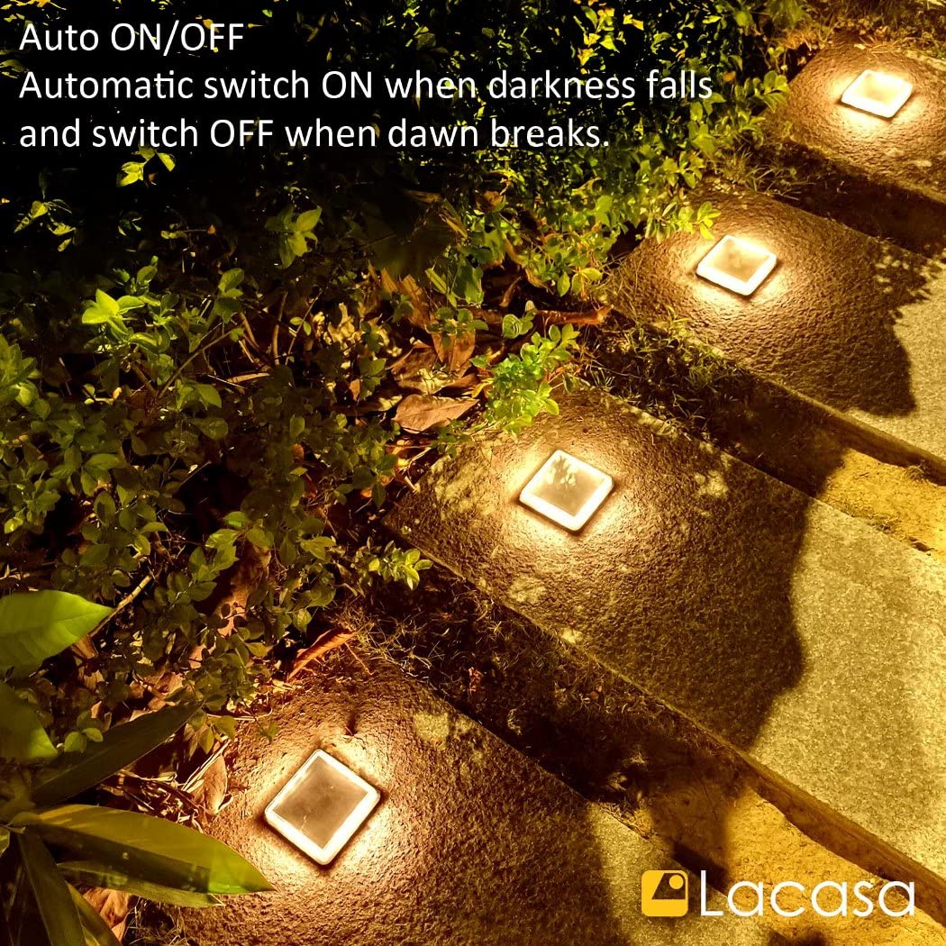 Lacasa Solar Deck Lights - 4 Pack Warm White LED Outdoor In-Ground Lights for Driveway, Walkway, Dock, Pathway | IP68 Waterproof Solar Powered Auto On/Off Step Lights | Perfect for Garden, Yard, Patio, Stairs, Fence and Landscape Lighting