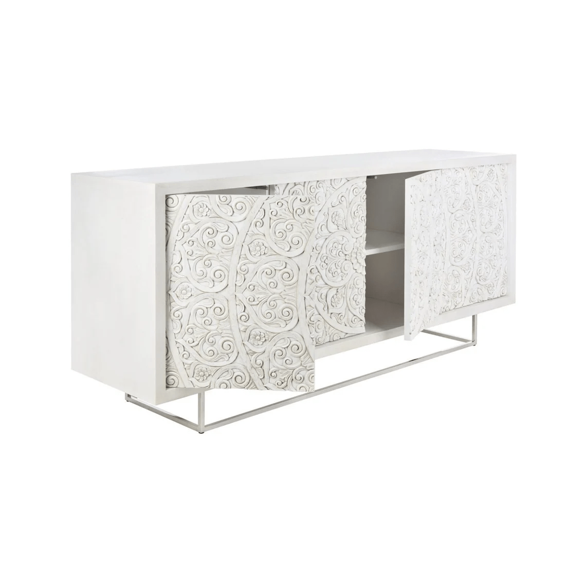 Hand Carved White Wood Sideboard with Metal Base - Indian Carving Buffet Table for Dining Room, Living Room & Entryway Storage
