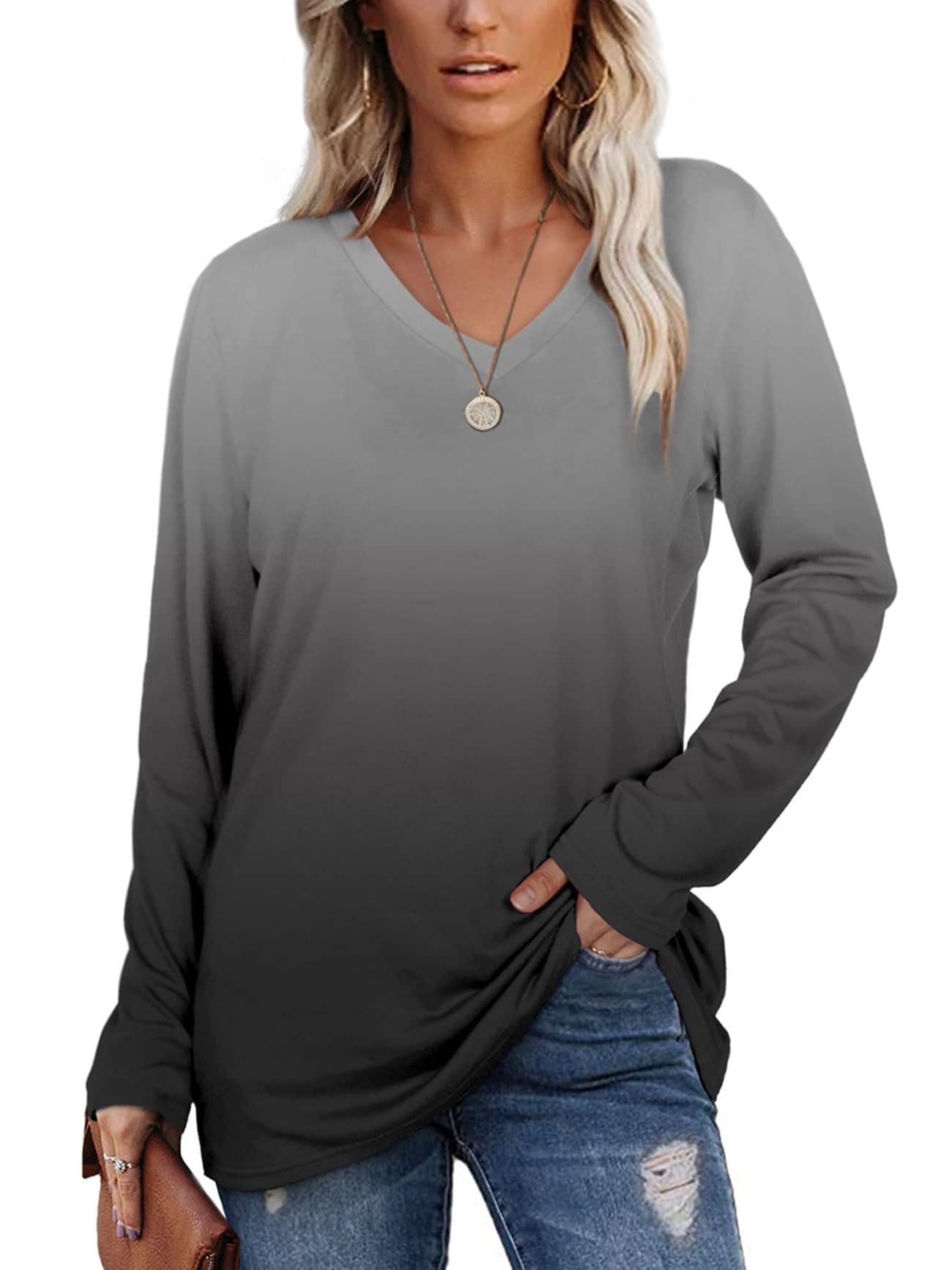 Stylish SAMPEEL Women's V-Neck Long Sleeve T-Shirt - Loose Fit Spring Top for Casual Wear & Layering | Perfect for Office, Dating & Everyday Outfits