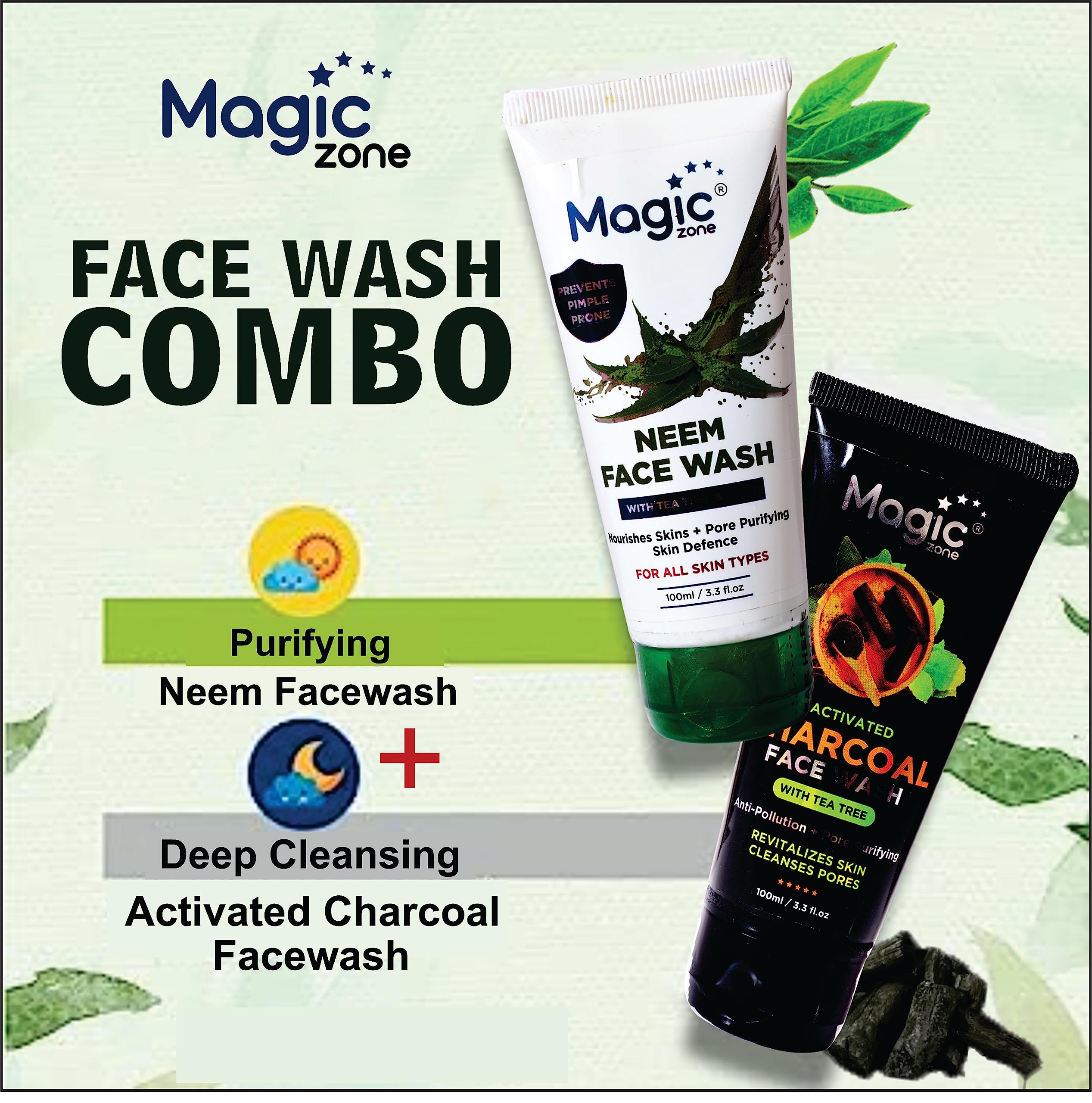 Activated Charcoal & Neem Face Wash Combo Pack (100ml Each) - Deep Cleansing, Pimple & Blackhead Treatment, Oil Control for Clear Skin | Perfect for Daily Skincare Routine & Acne-Prone Skin