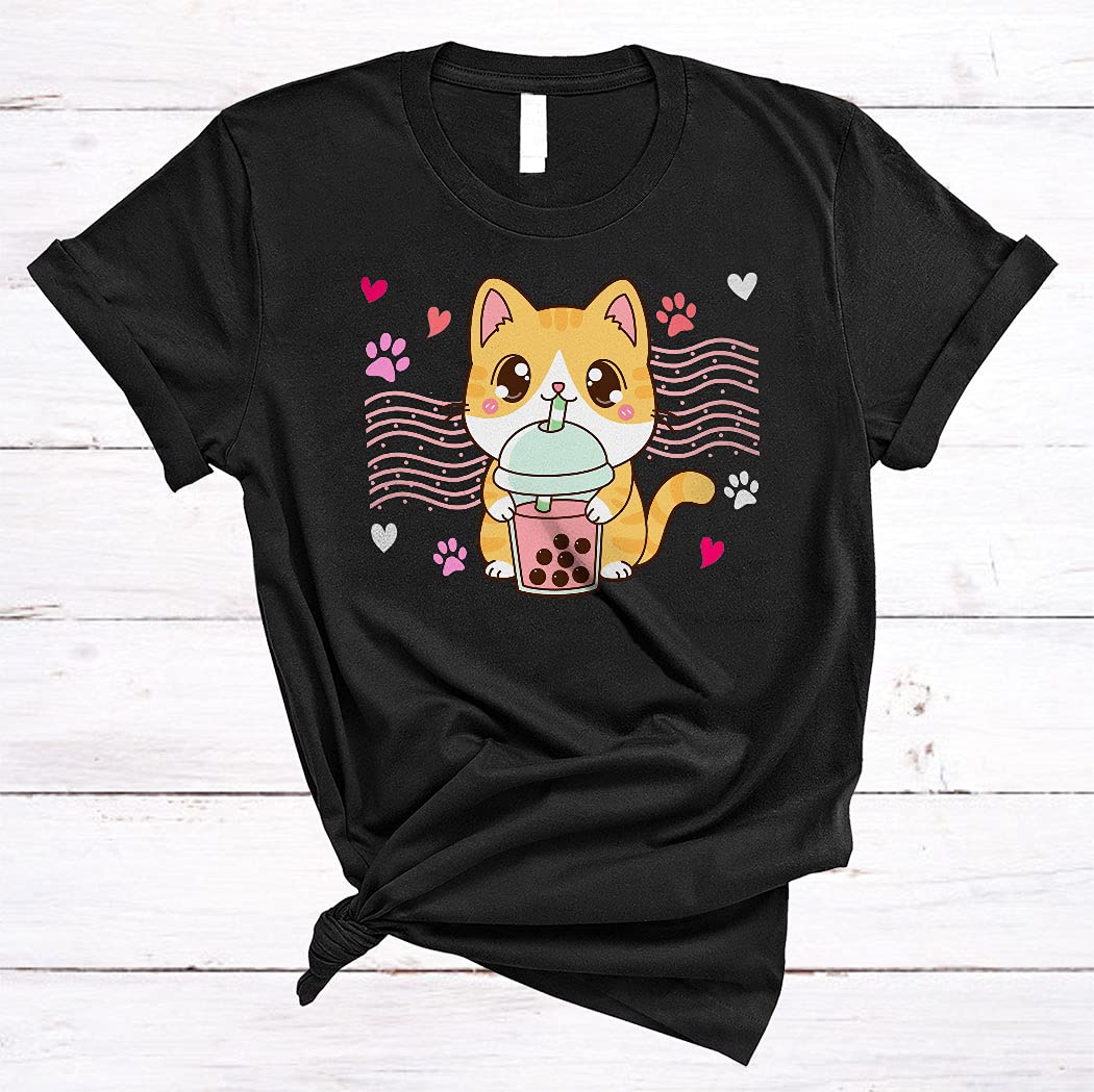 Cute Kawaii Kitten Anime T-Shirt with Boba Tea Design - Funny Cat Lover Gift for Women & Men - Perfect for Casual Wear, Cosplay, and Anime Conventions