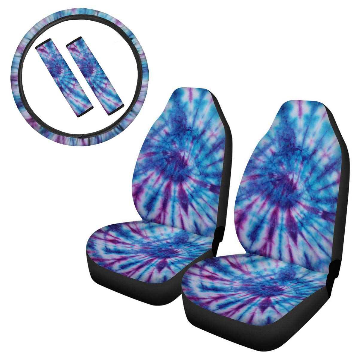 Dreaweet Blue and Purple Tie-Dye Car Seat Covers Set with Steering Wheel Cover & Seatbelt Shoulder Pads - 5 Piece Universal Fit for Cars, SUVs & Trucks - Perfect for Road Trips, Commuting & Car Interior Protection