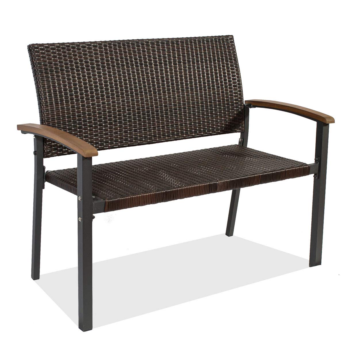 Rattan Patio Garden Bench - Outdoor Wicker Loveseat with Curved Backrest & Armrests | Durable Weather-Resistant Rattan Furniture for Porch, Deck, Backyard & Garden Seating