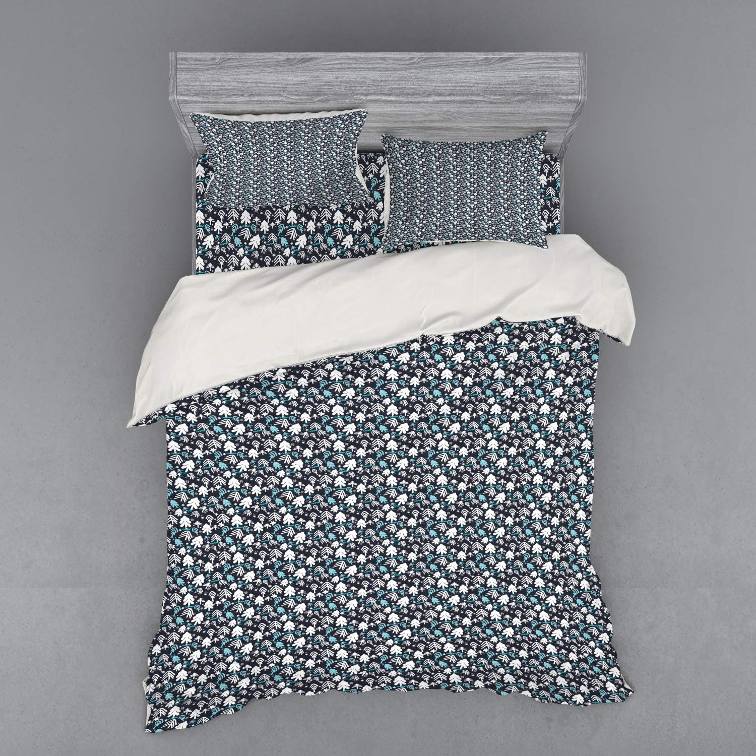 Ambesonne Christmas Duvet Cover Set - Winter Doodle Happy New Year Themed Abstract Trees with Snowflakes - 4 Piece Bedding Set with Shams & Fitted Sheet - California King Size - Pale Blue & Dark Blue - Cozy Holiday Bedroom Decor for Winter Season