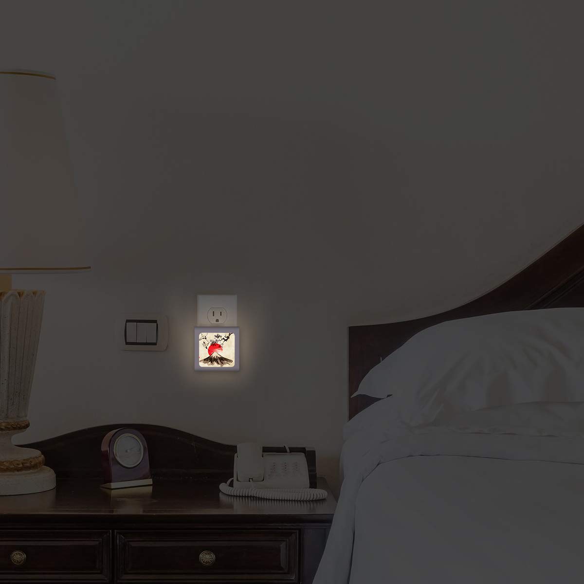 Dimmable LED Night Light with Auto On/Off Sensor, Adjustable Brightness & Warm White Light - Perfect for Bathroom, Hallway, Nursery, Bedroom - Cranes Flying Over Volcano Design - Energy Saving Plug-in Nightlight for Kids & Adults