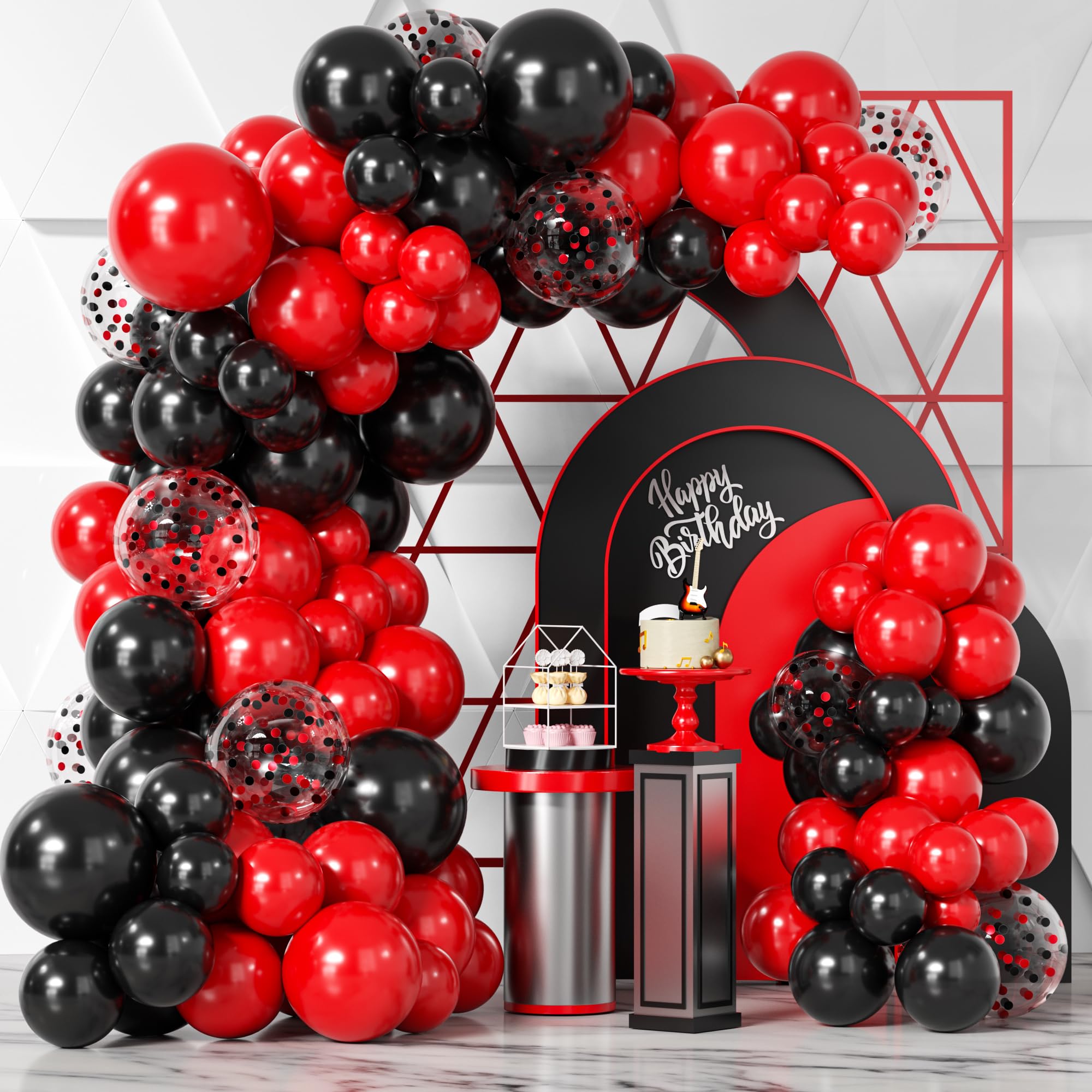 Bezente 100Pcs Red and Black Balloons Garland Kit with Confetti Balloons - Wedding, Birthday, Graduation, BBQ, Casino, Prom Party Decorations - Perfect for Arch, Backdrop, and Ceiling Decor