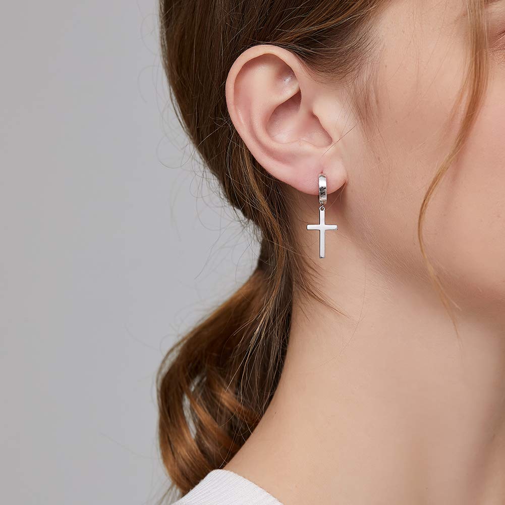 18K White Gold Plated Cross Earrings for Women | 925 Sterling Silver Dangle Earrings | Simple Cross Hoop Earrings for Men & Women | Silver/Rose Gold/Gold | Religious Jewelry for Church, Weddings & Everyday Wear