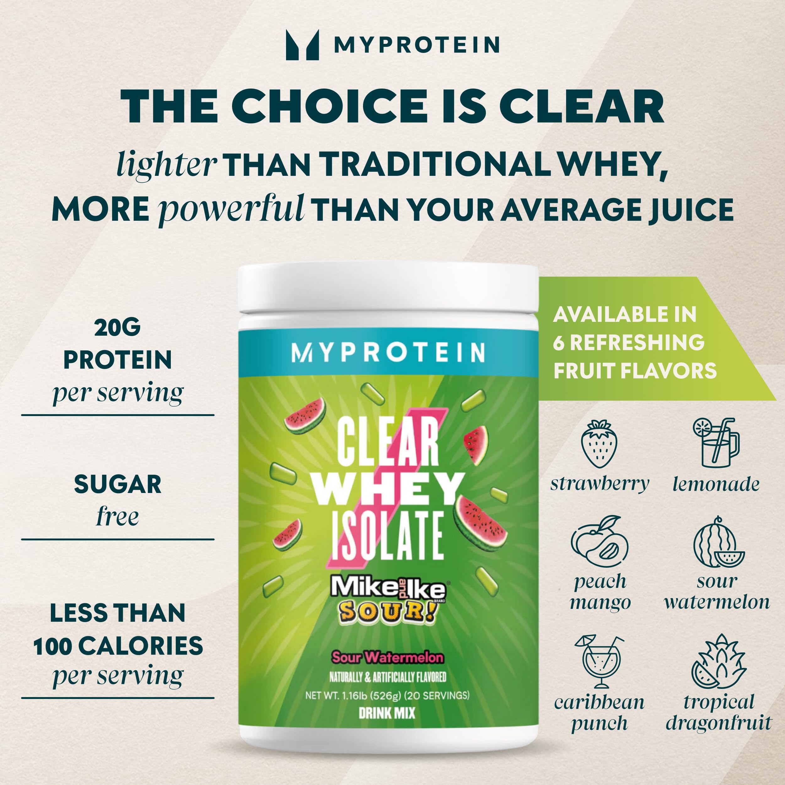 MyProtein Clear Whey Isolate Protein Powder - 1.1lb (20 Servings) | Fruity Mike and IKE Sour Watermelon Flavor | 20g Protein per Serving | Post-Workout Recovery & Muscle Growth Supplement for Athletes & Fitness Enthusiasts